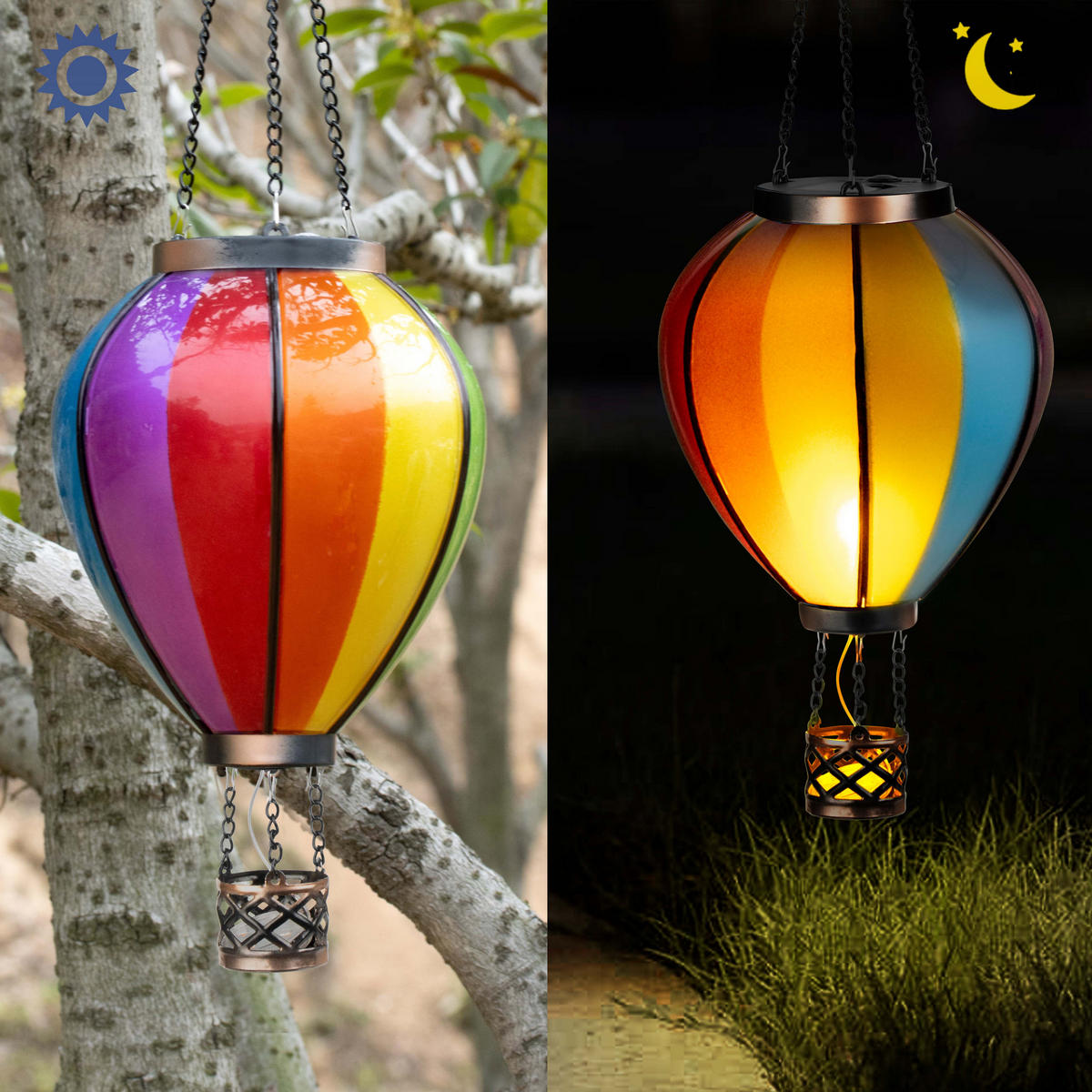 LED-SOLAR Laterne Heißluftballon Metall-Kunststoff Ø14x48cm Regenbogen - Multicolor, Kunststoff (14/14/48cm) - Northpoint