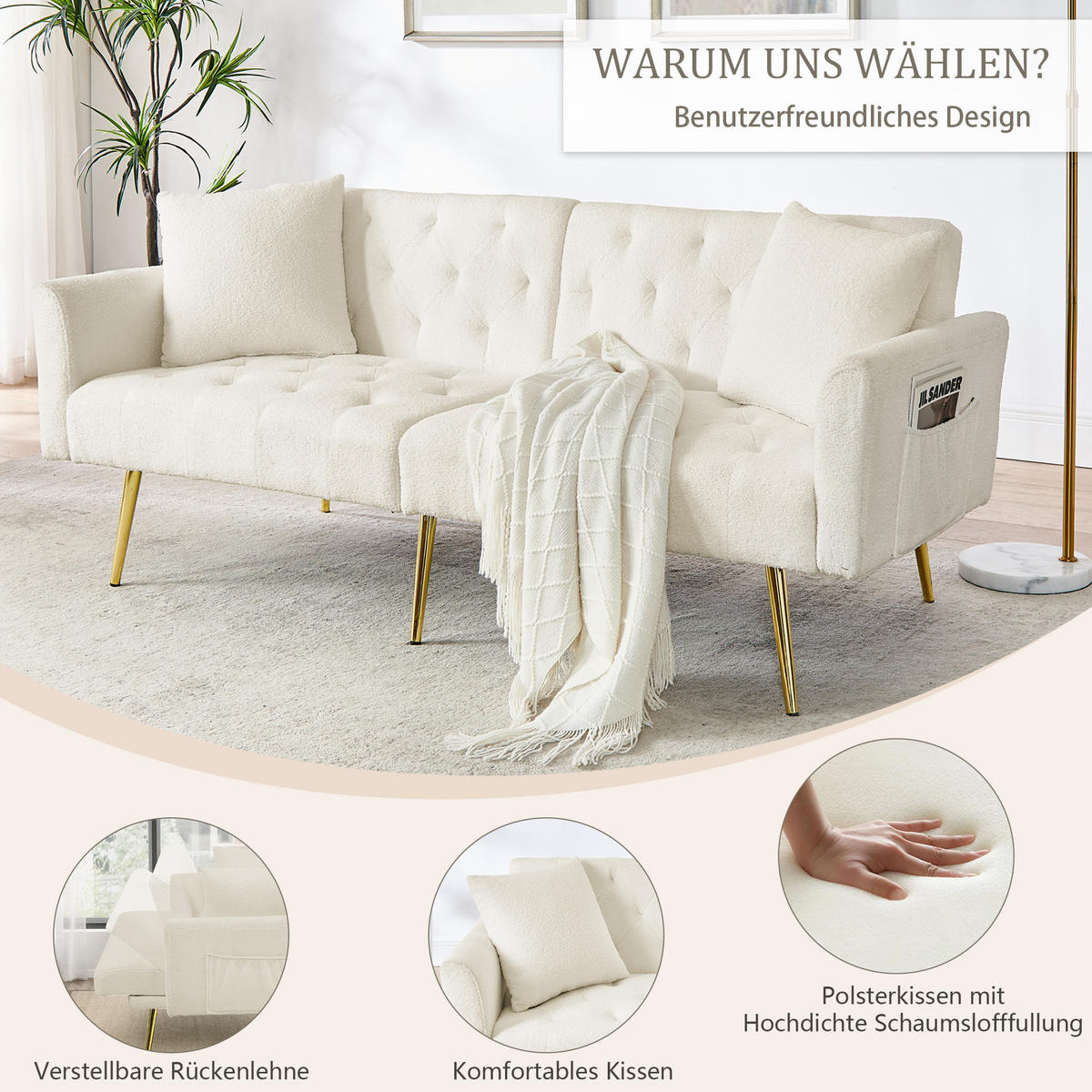 SCHLAFSOFA 177/78/74 cm in Beige Teddyfell mit Aufbewahrungstasche - Beige, Textil (177/74/78cm) - Oxeza
