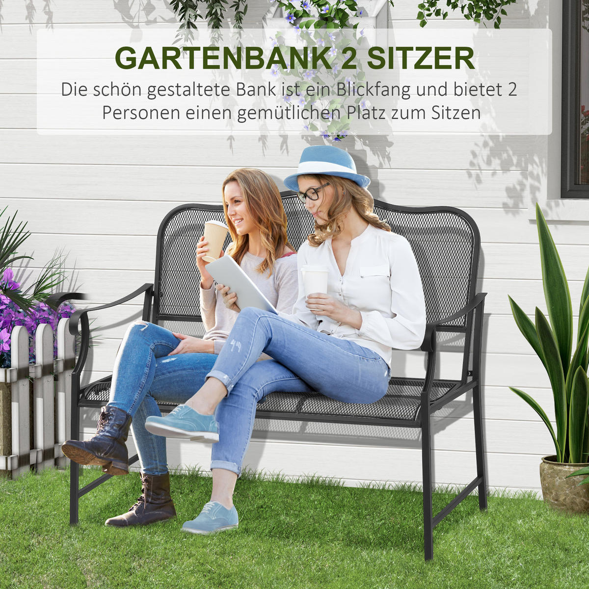 PARKBANK, 2-Sitzer, bis 220 kg belastbar, 113 x 58 x 98 cm, Metall, Schwarz - Schwarz, Metall (113/98/58cm) - Outsunny