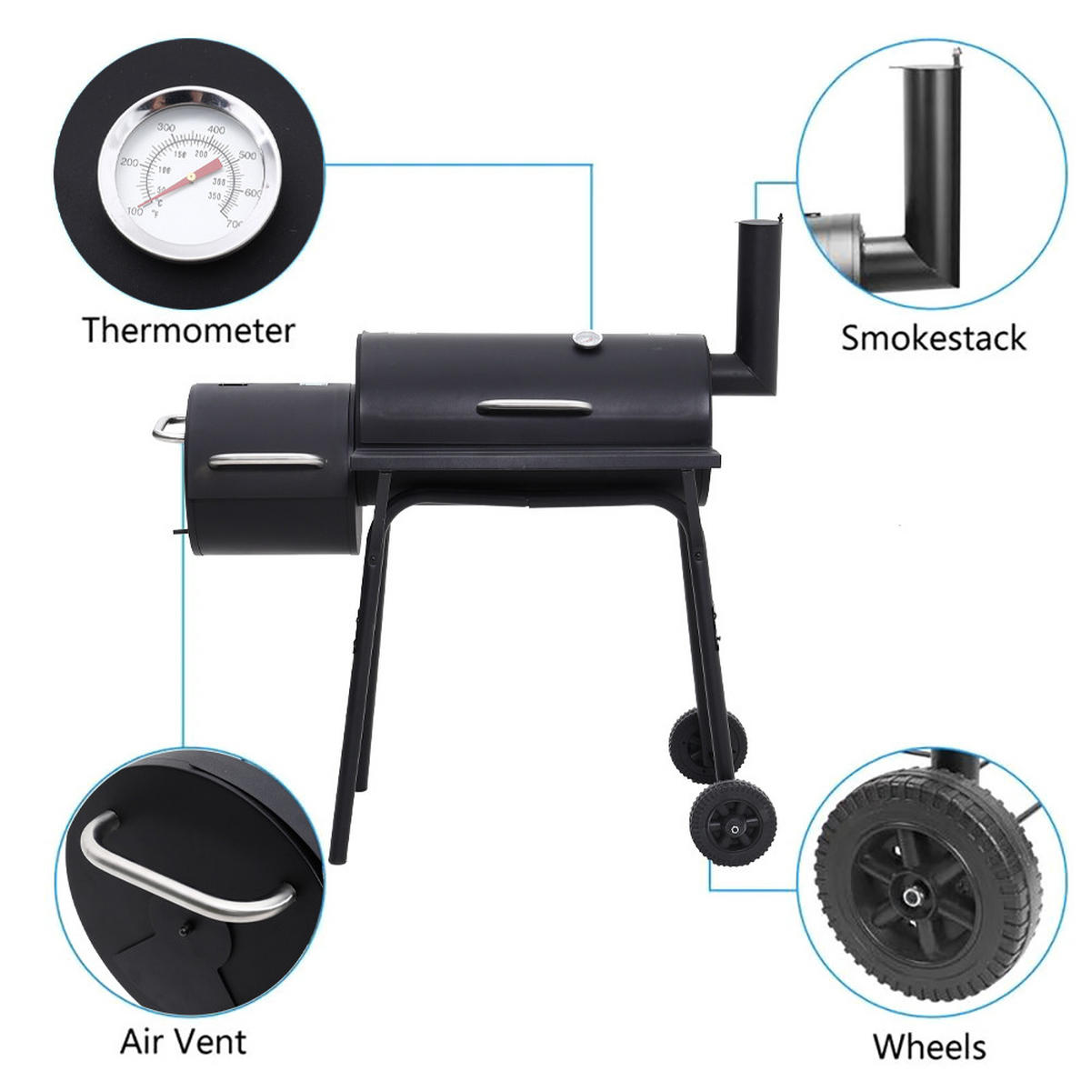HOLZKOHLEGRILL Camping Smoker Grill 2-in-1 Design 3 Grillroste Seitentisch mit Rädern Schwarz ideal für Garten & Picknick - Schwarz, Metall (53/114/115cm) - Livingandhome