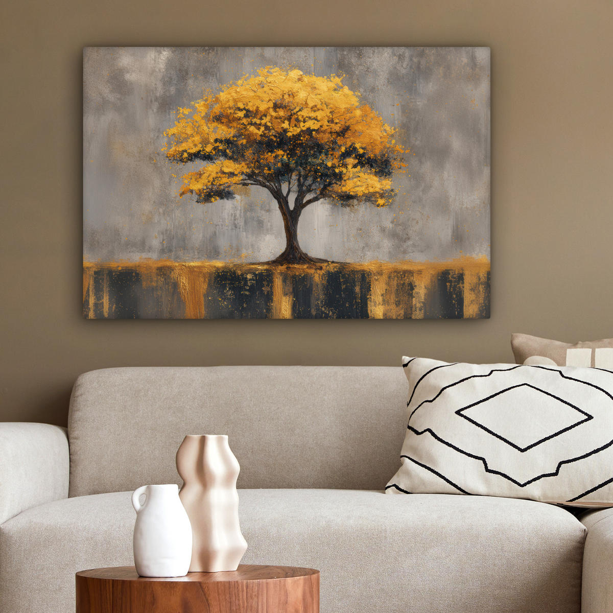 LEINWANDBILD Baum - Blätter - Gold - Abstrakt Gemälde 60x40 cm - Grau, Textil (60/40cm) - MuchoWow