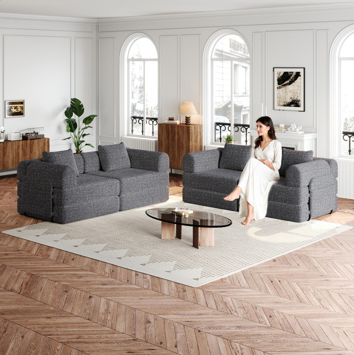 SCHLAFSOFA, Chenille 2-in-1 mit Armlehnen-Staufach & Stahlrahmen, 91,4/183,8/69,8 cm, Grau - Grau, Textil (91.4/69.8/183.8cm) - Redom