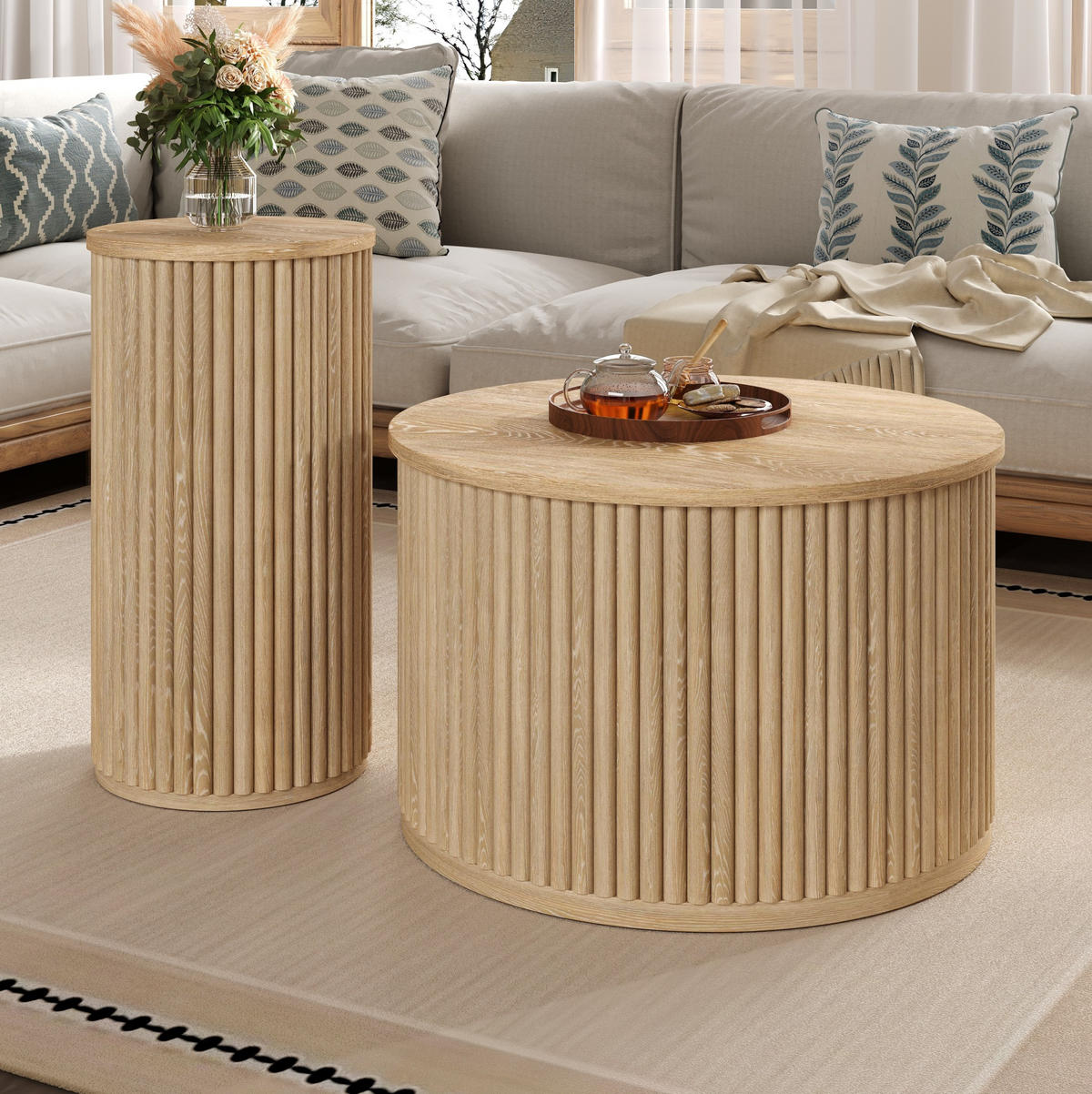 SET klubskih stolića 60/60/38,5 i 30/30/56 cm prirodne boje od MDF-a s 3D prugastim uzorkom - prirodne boje, drvni materijal (60/60/38.5cm) - OKWISH