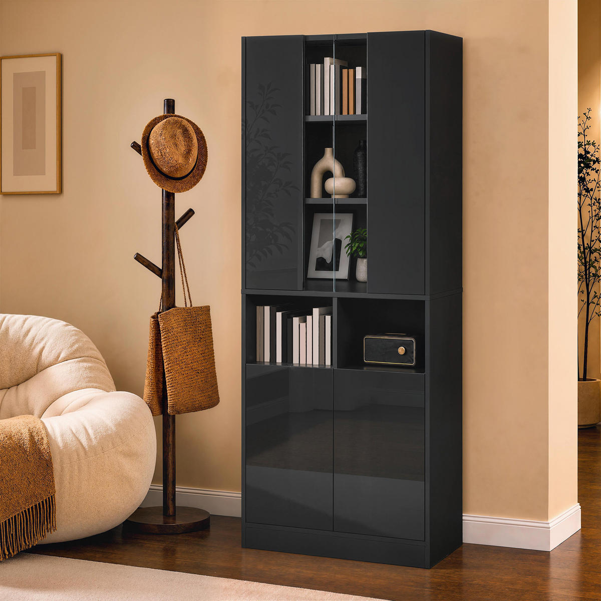 HOCHSCHRANK mit Acrylglas, LED und 2 Türen - Schwarz, Holzwerkstoff (70/180/35cm) - FLIEKS