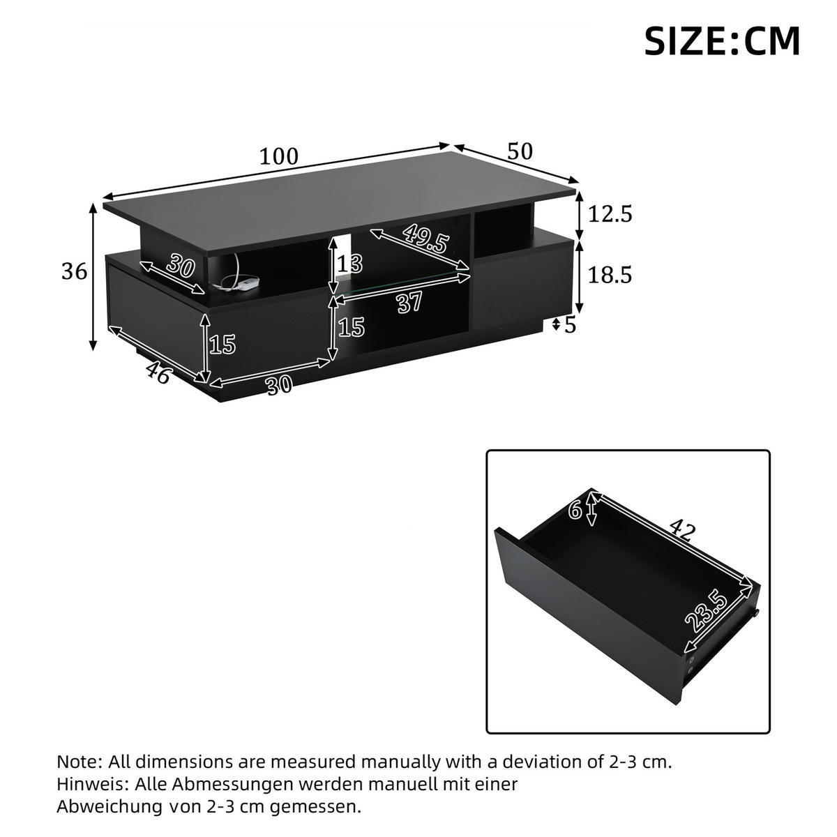 COUCHTISCH 100/50/36 cm mit 2 Schubladen, LED-Beleuchtung und Glasablagen, Schwarz - Schwarz, Holzwerkstoff (100/50/36cm) - Redom