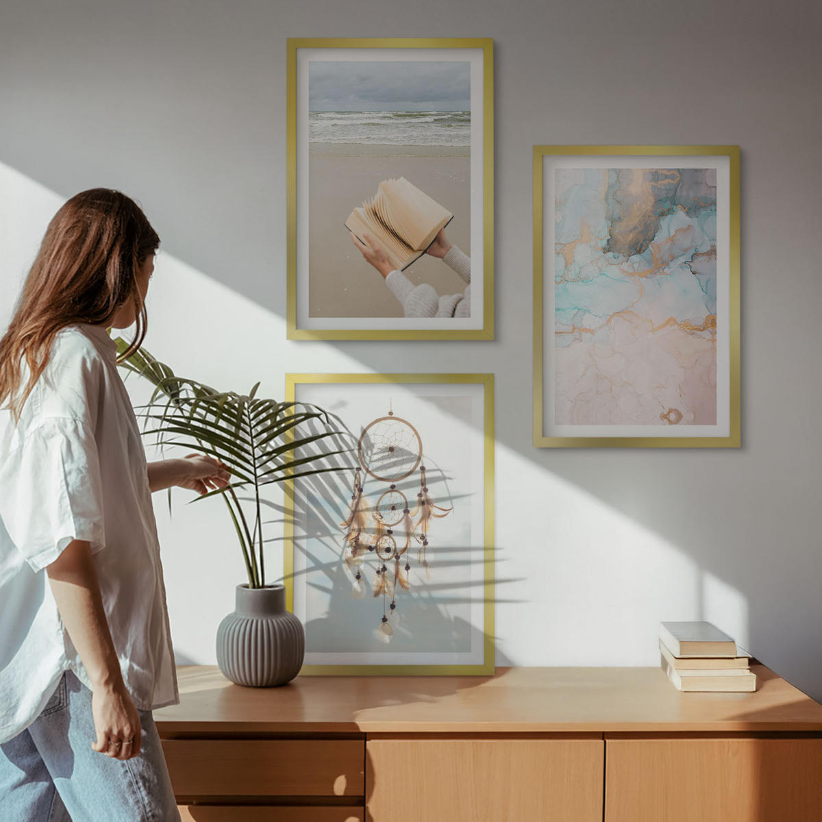WANDBILDER 3er Set - 40x60 cm Goldrahmen - Abstraktes Meeresbuch Boho - Goldfarben, Kunststoff (40/60cm) - ArtPrintCave