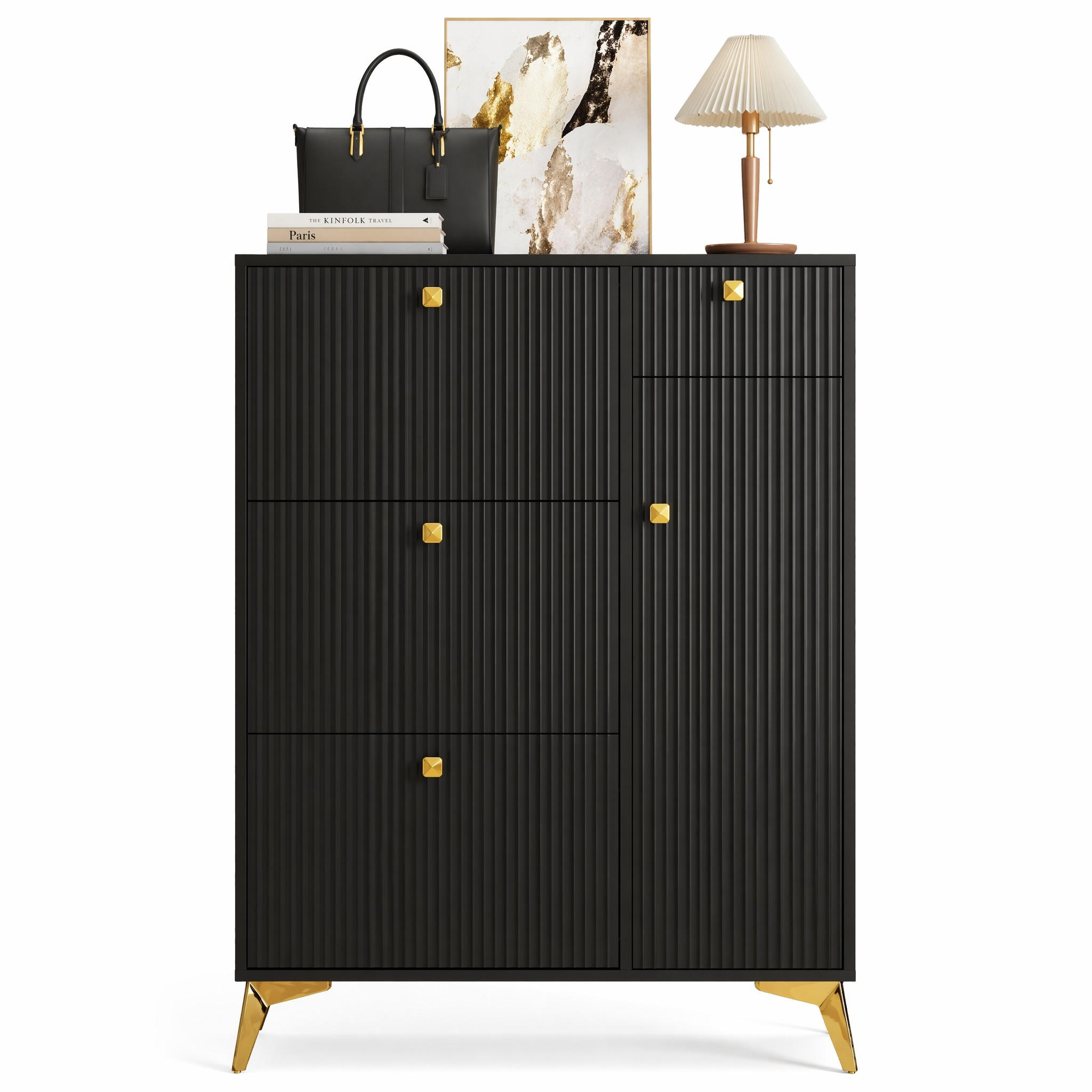 SCHUHSCHRANK in Schwarz Schuhkipper mit 3 Klappen und 1 Schublade für Eingangshalle und Flur, B90/T25/H121cm - Goldfarben/Schwarz, Holzwerkstoff/Metall (90/121/25cm) - STILVORA