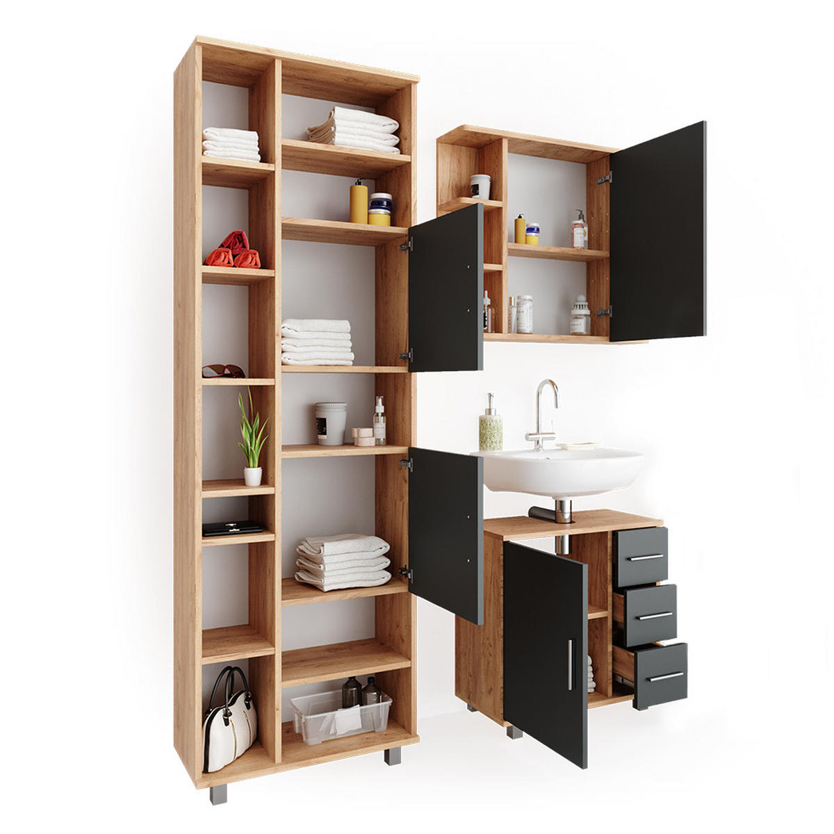 BADMÖBEL-SET Ilias Eiche 3 Teile, mit Unterschrank 60 cm - Eichefarben/Anthrazit, Holzwerkstoff (60/60.8/33cm) - Vicco