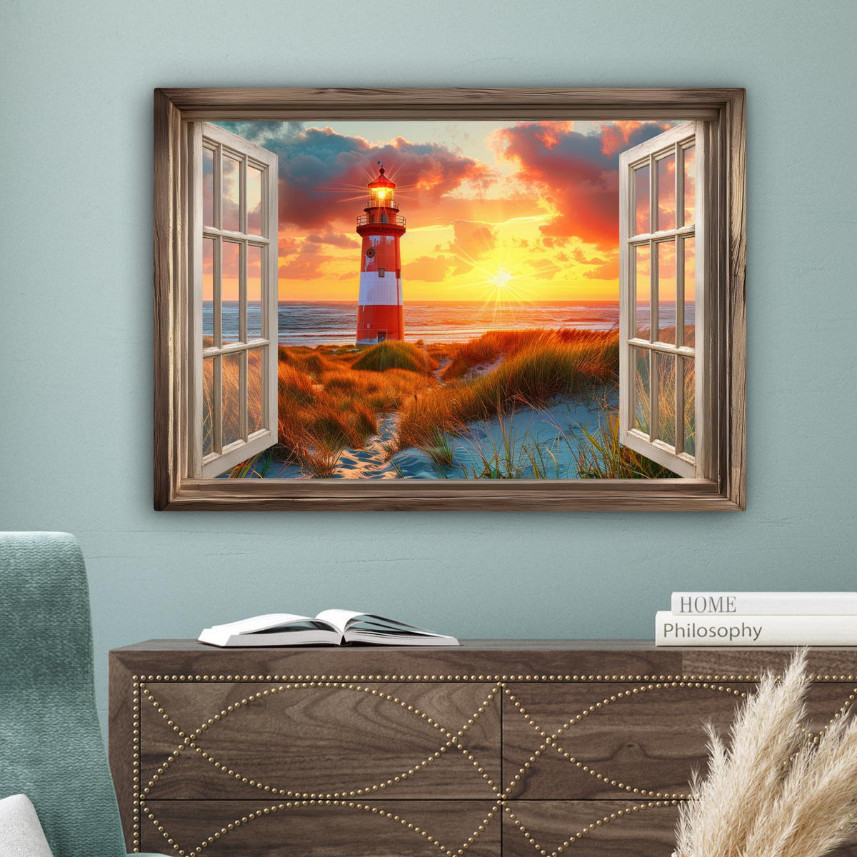 LEINWANDBILD Aussicht - Fenster - Leuchtturm - Sonnenuntergang - Strand Wandbilder 80x60 cm - Dunkelorange, Textil (80/60cm) - MuchoWow