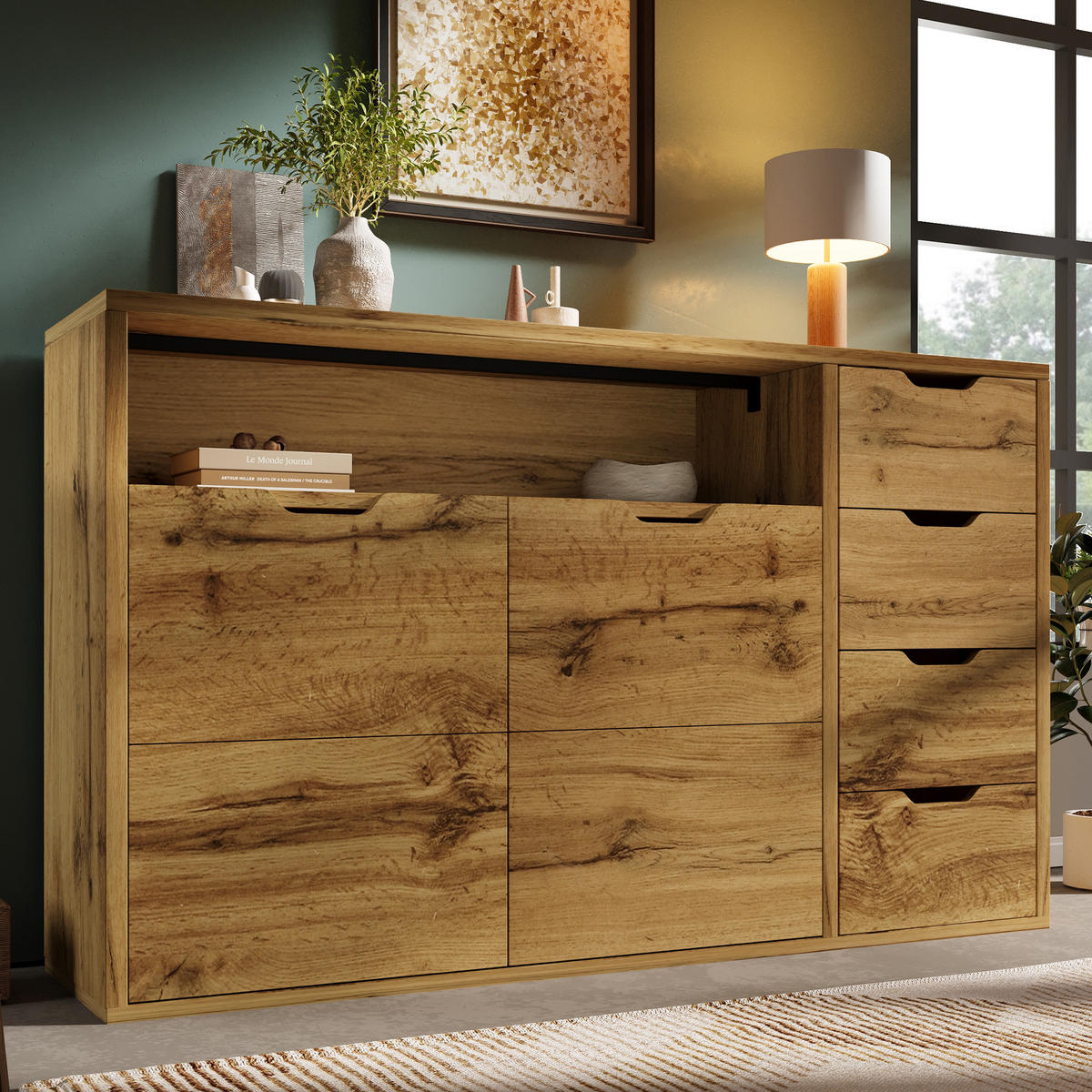 SIDEBOARD 150x40x90 cm Eiche mit 4 Schubladen - Eichefarben, Holz (150/90/40cm) - FLIEKS