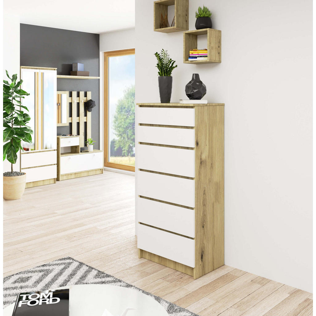 Thumbnail - Milordbikes Kommode, Eiche Artisan, Weiß, Holz, Nachbildung, 60x130x40 cm, Wohnzimmer, Kommoden & Sideboards, Sideboards