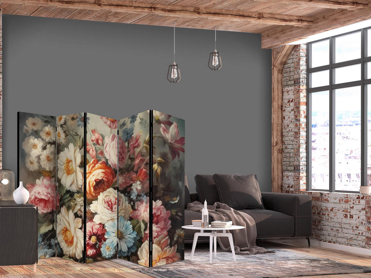 PARAVÁN Jednostranný 5-dielny 225x172 cm Divoké Kvety v Retro Štýle - viacfarebná, drevo/textil (225/172/3cm) - Muralo