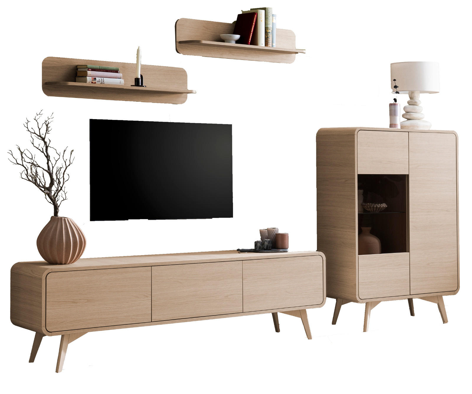 WOHNWAND Eiche natur 4-teilig 290 cm, Wohnkombination mit Push-to-Open - Eichefarben, Glas/Holz (290/170/39cm) - Furn.Design
