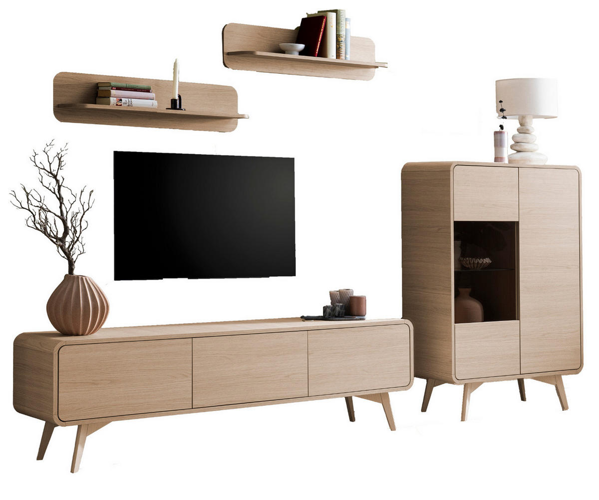WOHNWAND Eiche natur 4-teilig 290 cm, Wohnkombination mit Push-to-Open - Eichefarben, Glas/Holz (290/170/39cm) - Furn.Design