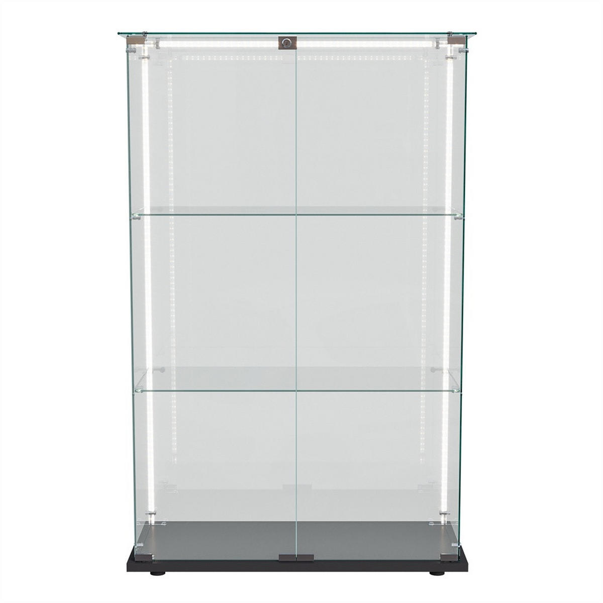 VITRINE - Glasvitrine mit 2 Türen und 3 Ebenen - integrierte LED-Streifen-Beleuchtung - Schwarzer Holzboden - Schwarz, Glas (78.5/123.3/35cm) - DELFA