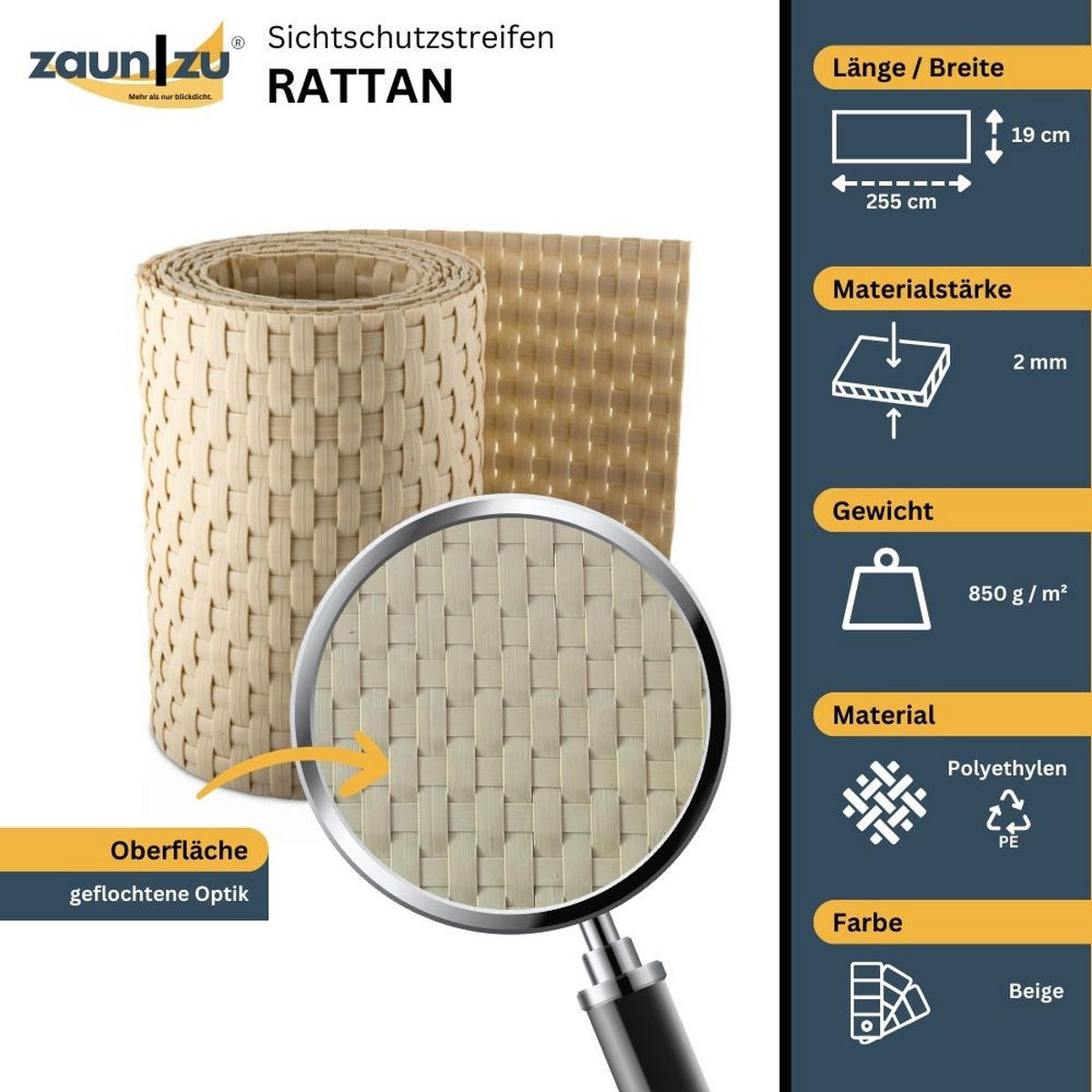SICHTSCHUTZSTREIFEN Rattan Einzelstreifen für Doppelstabmatten Beige 2,55m - Beige, Kunststoff (255/19cm) - ZAUN|ZU