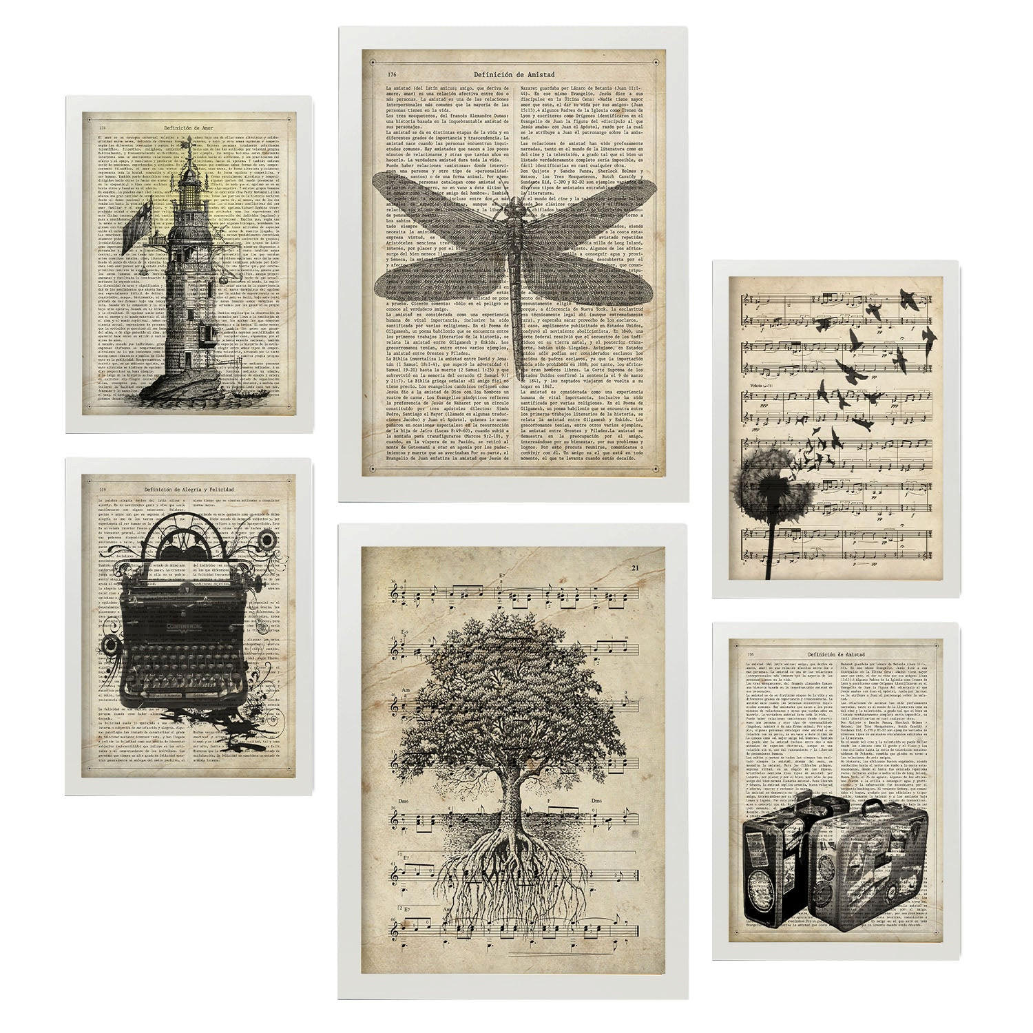 POSTER Set Mit 6 Vintage Zeichnungen Sepia Papier Plakate Im Retro Stil Mit Natur & Reisethemen Über Enzyklopädie Hintergründen A3 & A4 Weißer Rahmen - Weiß, Papier (29/3cm) - Nacnic