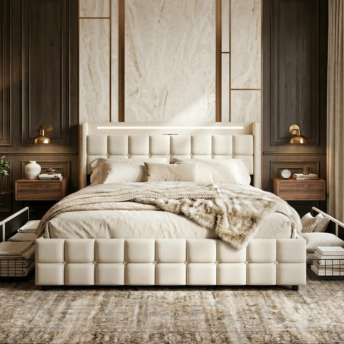 POLSTERBETT Geometrisch 180/200 cm mit 4 Schubladen & LED Leinenoptik Beige - Beige, Textil (180/200cm) - Creahappy
