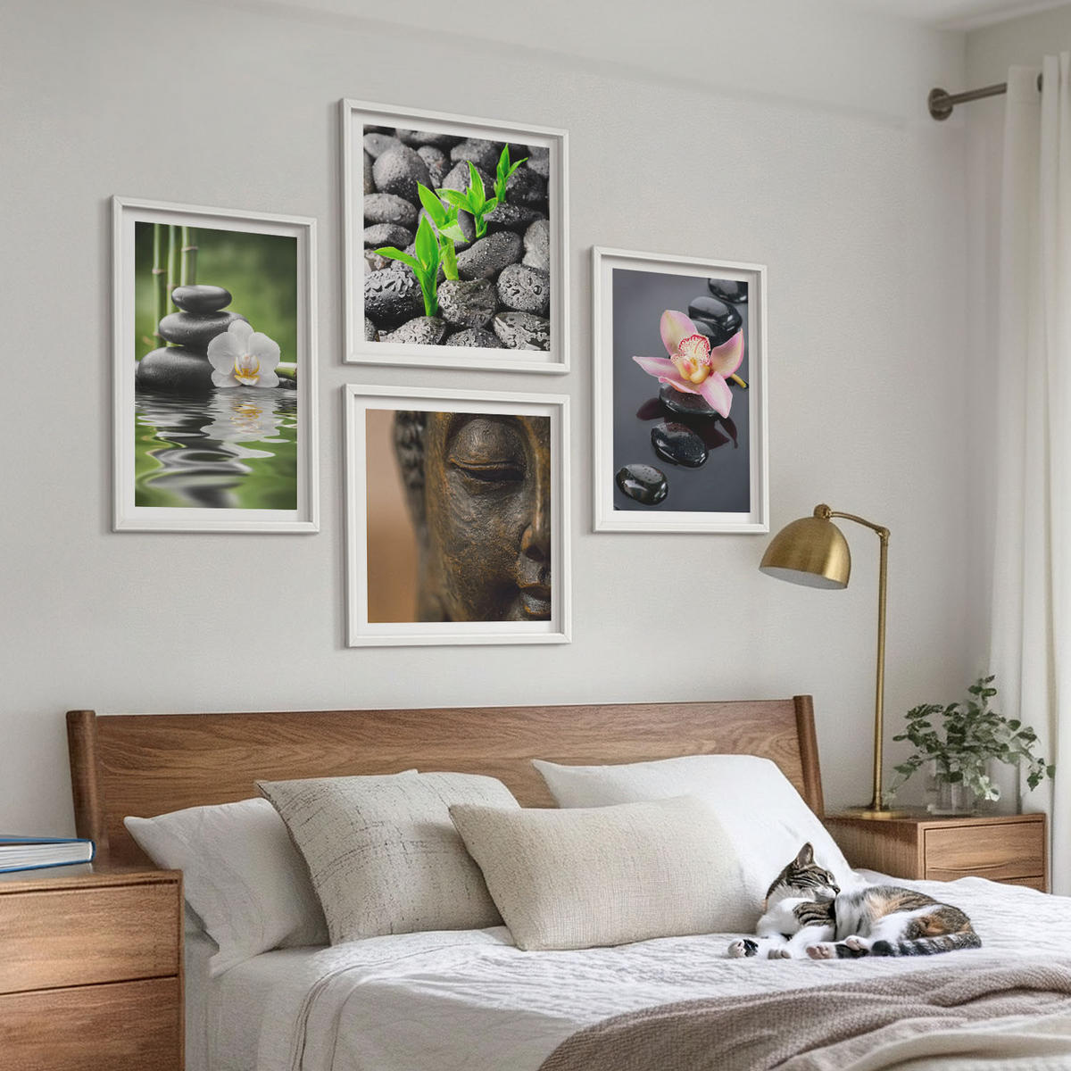 BILDER SET 4er Set - 50x50 cm & 40x60 cm Weißer Rahmen - Friedliche Zen-Blumen-Buddha-Komposition - Weiß, Kunststoff (50/50cm) - TULUP