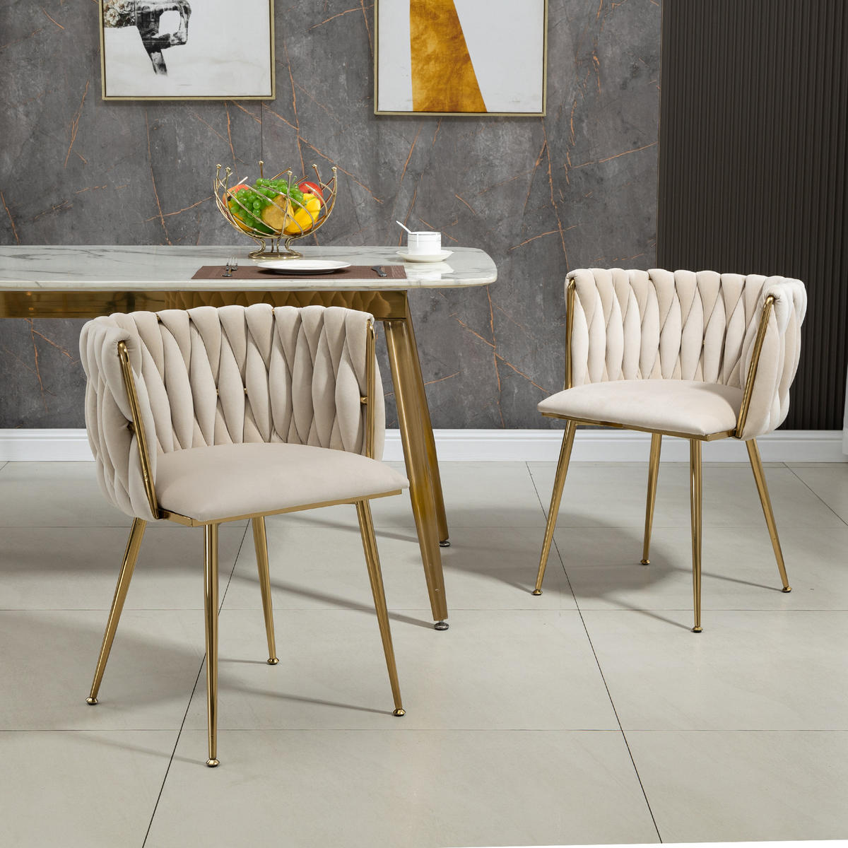 ESSZIMMERSTUHL 2er-Set aus Samt mit Goldbeinen - Creme, Textil (55.5/74/41cm)