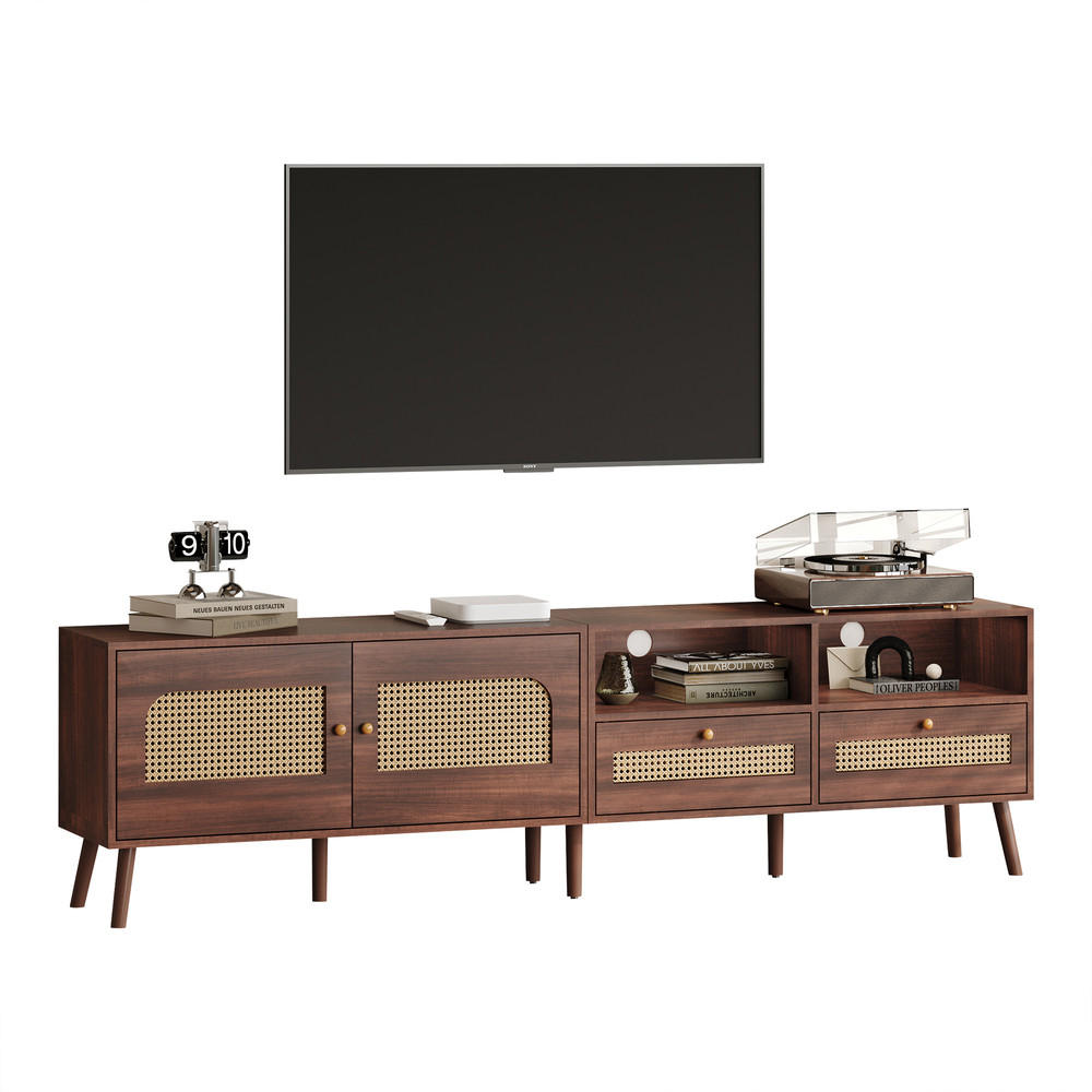 TV Schrank 200 cm für 80 Zoll mit Rattantüren und Schubladen - Braun, Holz (43.82/49.5/62.87cm) - FLIEKS