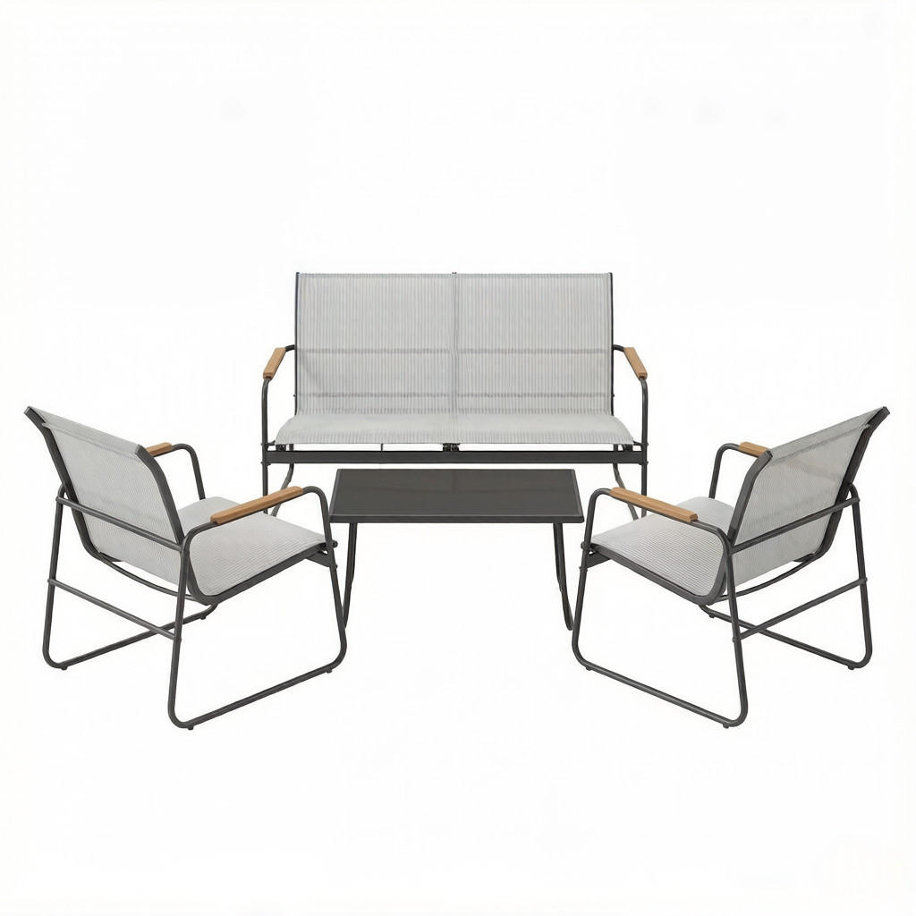 GARTENMÖBEL-SET Grau 4-teilig mit Glastisch & Armlehnen in Holz-Optik - Grau, Metall - PANGIVO