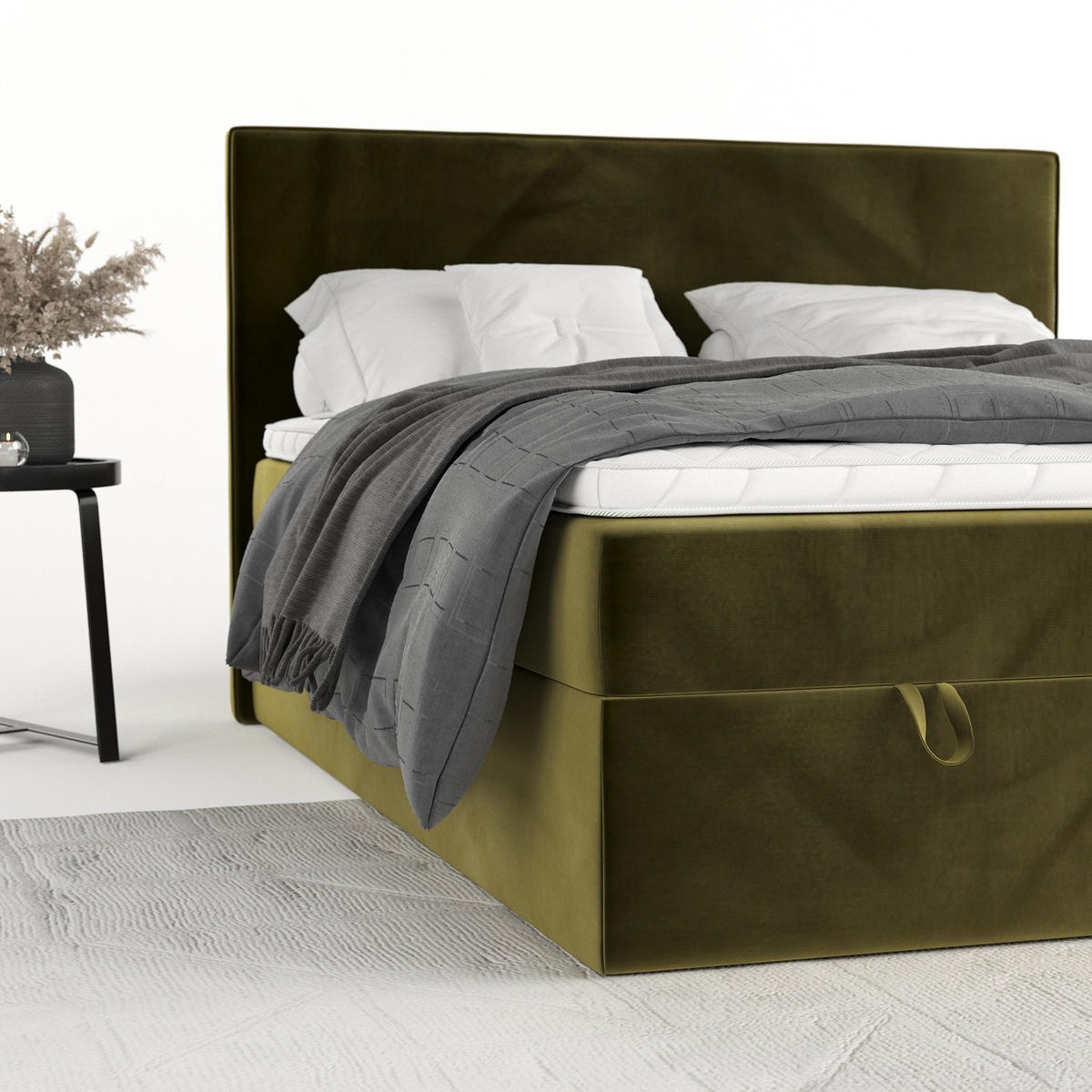 BOXBETT Velma 160/200 cm Olivgrün im Kronos Stoff - Schwarz/Olivgrün, Holz/Holzwerkstoff (160/200cm) - AltaBeds