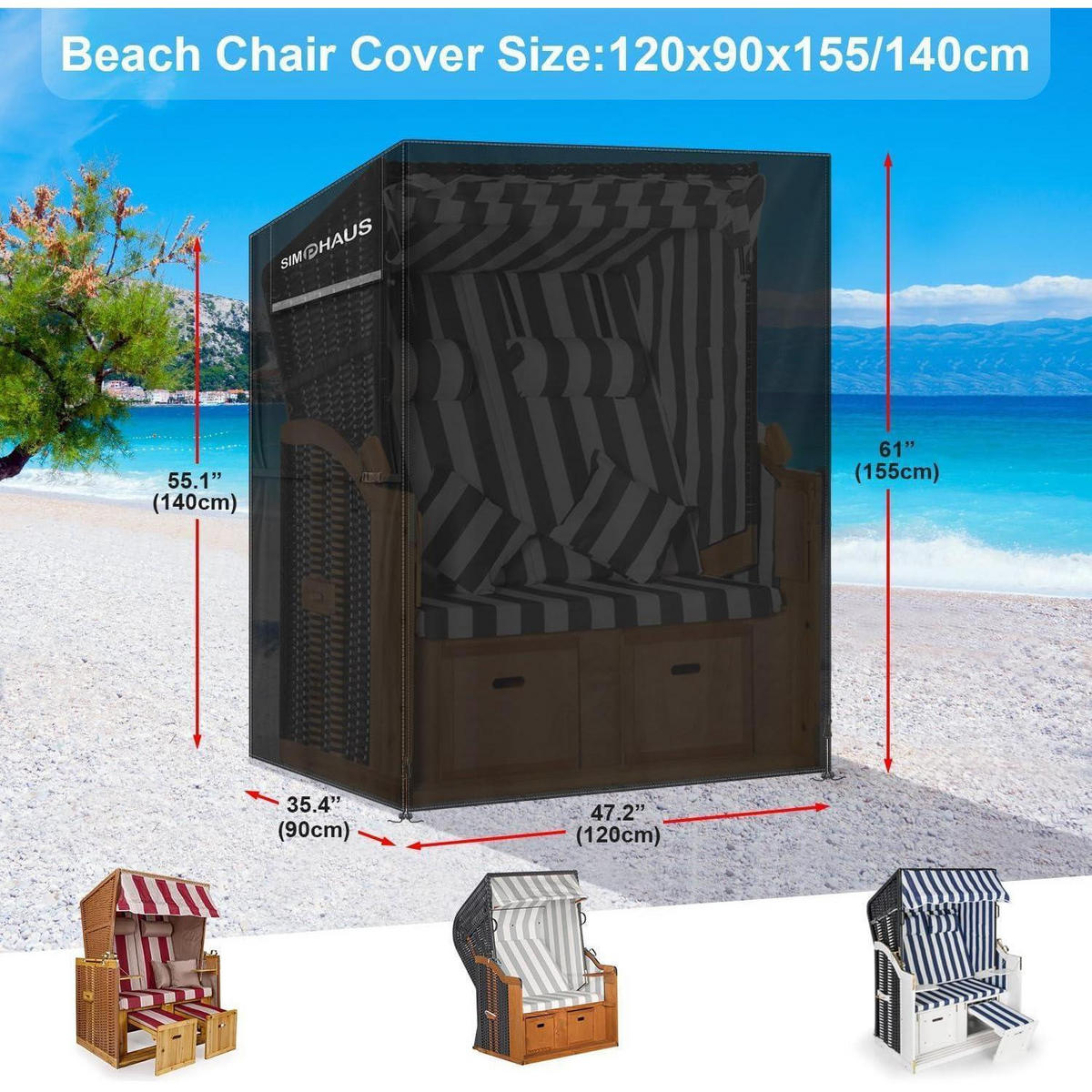 SCHUTZHÜLLE für Strandkorb 120x90x155/140cm 420D Oxford Gewebe Winterfest - Schwarz, Kunststoff (90/155/155cm)
