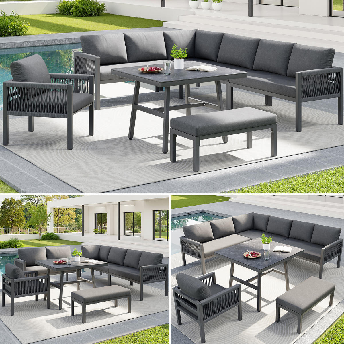 GARTENSET L-Form 8 Personen Grau Inkl. Marmortisch & 2 Sesseln - Grau, Metall - FLIEKS