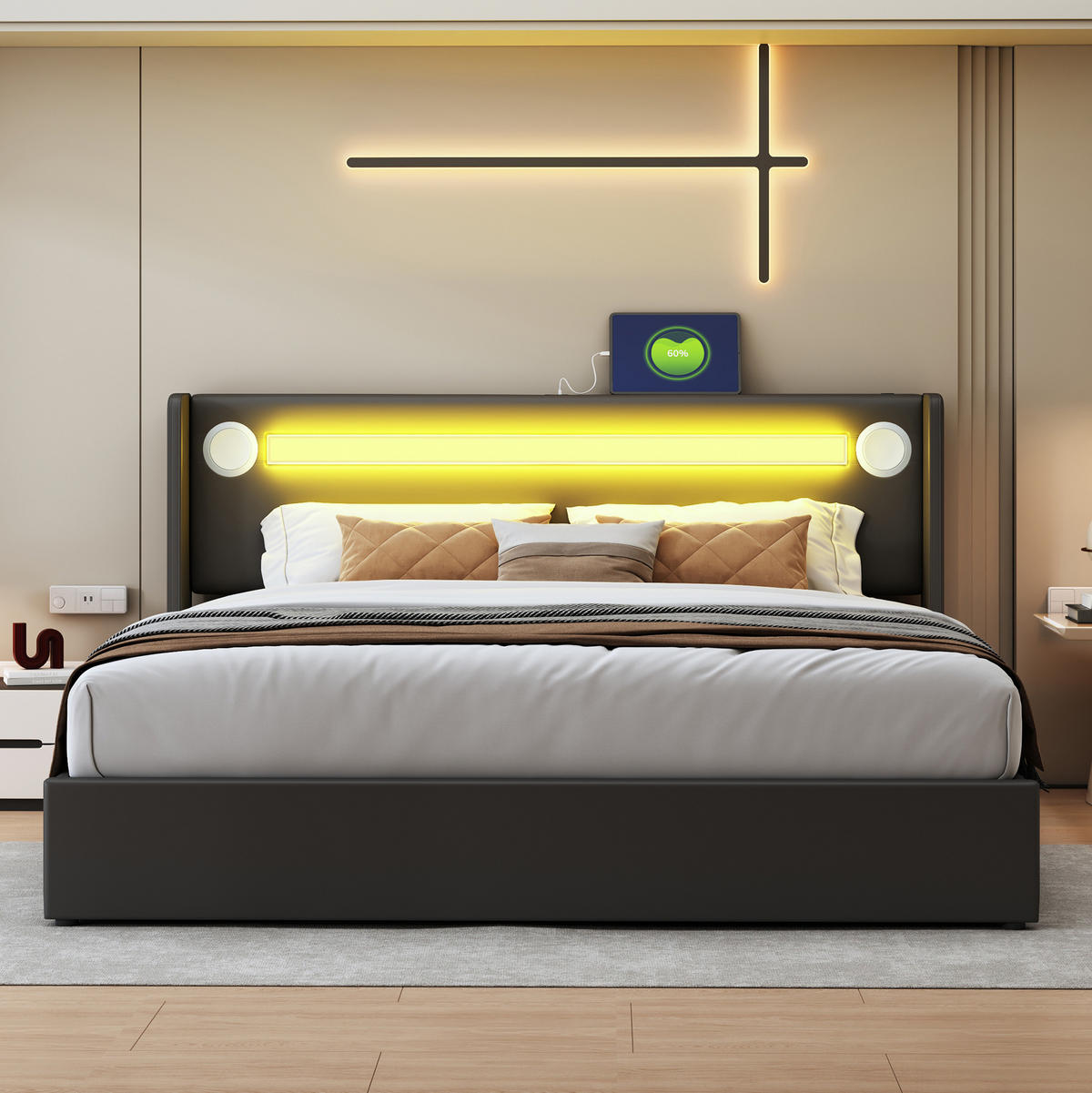 POLSTERBETT mit Stauraum 160x200 cm PU-Leder Schwarz mit LED Bluetooth/USB - Schwarz, Metall (160/200cm) - Meubliv