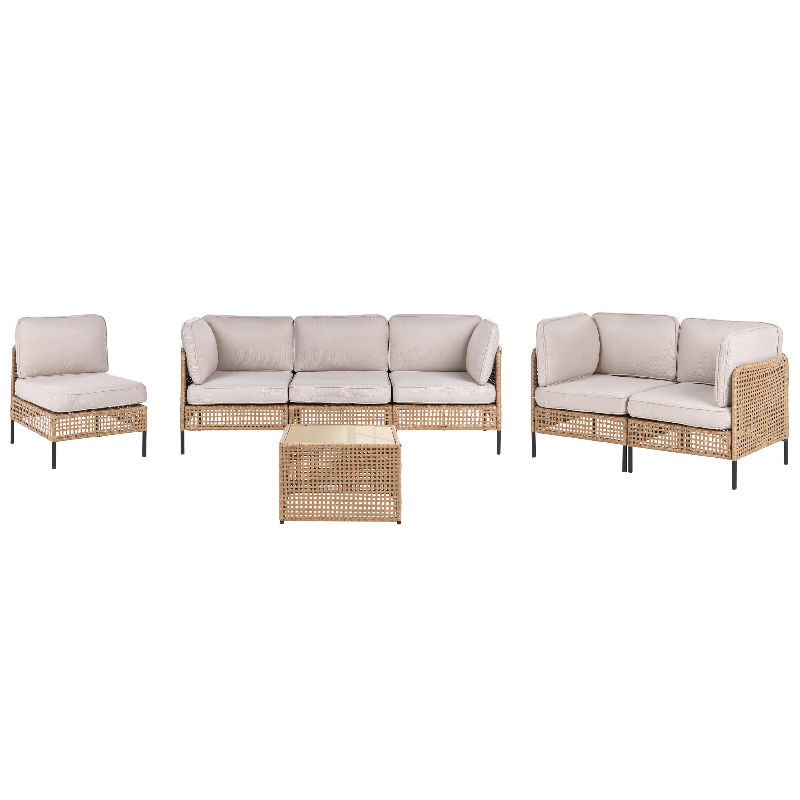 LOUNGE-SET mit Tisch 6-Sitzer modular Polyrattan Hellbeige Omegana - Beige/Schwarz, Kunststoff - Beliani
