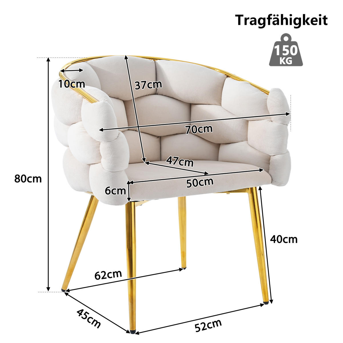 STUHL mit Gold-Rückengestell, gepolsterter Rückenlehne und verstellbaren Vorderbeinstützen, beige - Beige, Textil (50/80/47cm) - Luhomfu