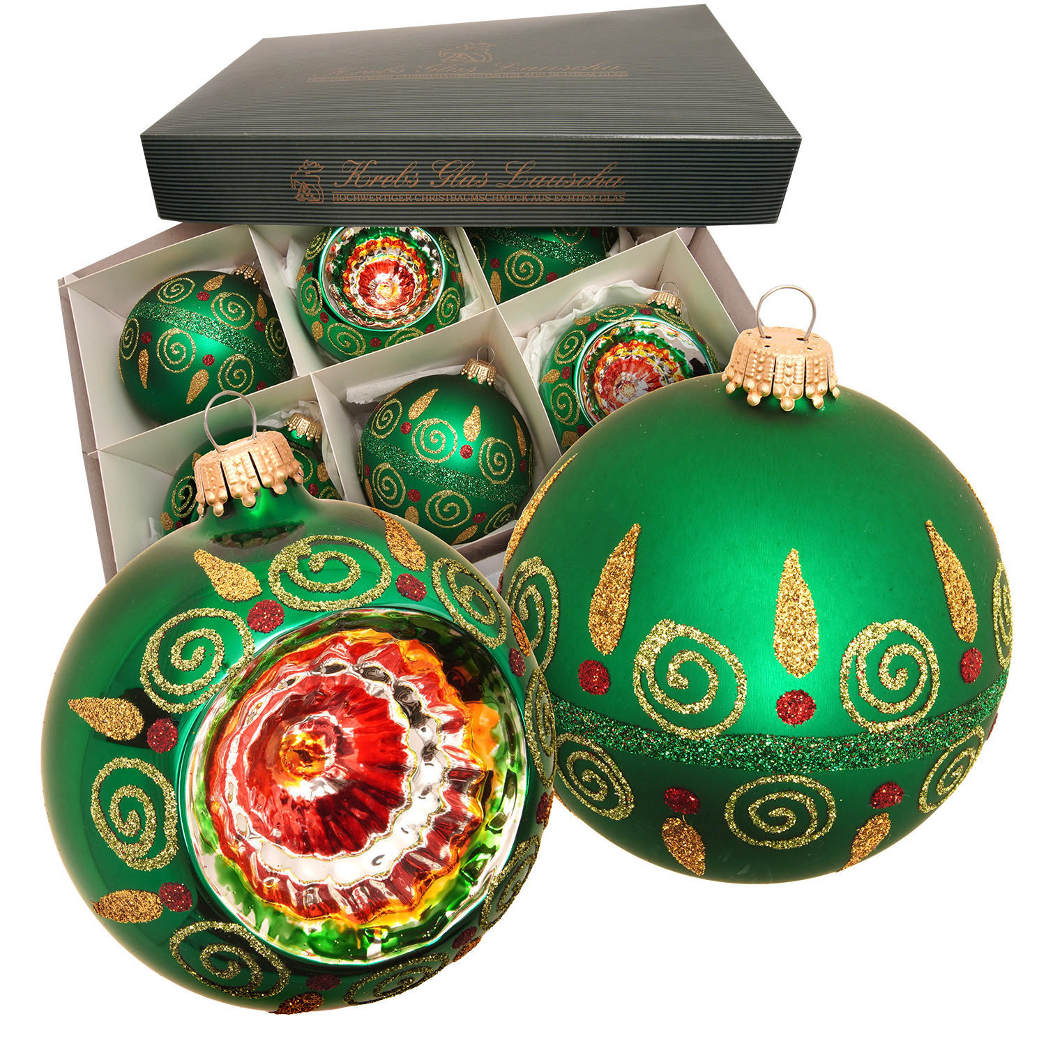 CHRISTBAUMKUGELN Reflexset Eva Wirbeldekor Grün 8cm (Glas / 6 Stk.) - Grün, Glas (8/8/8cm) - Krebs Glas Lauscha