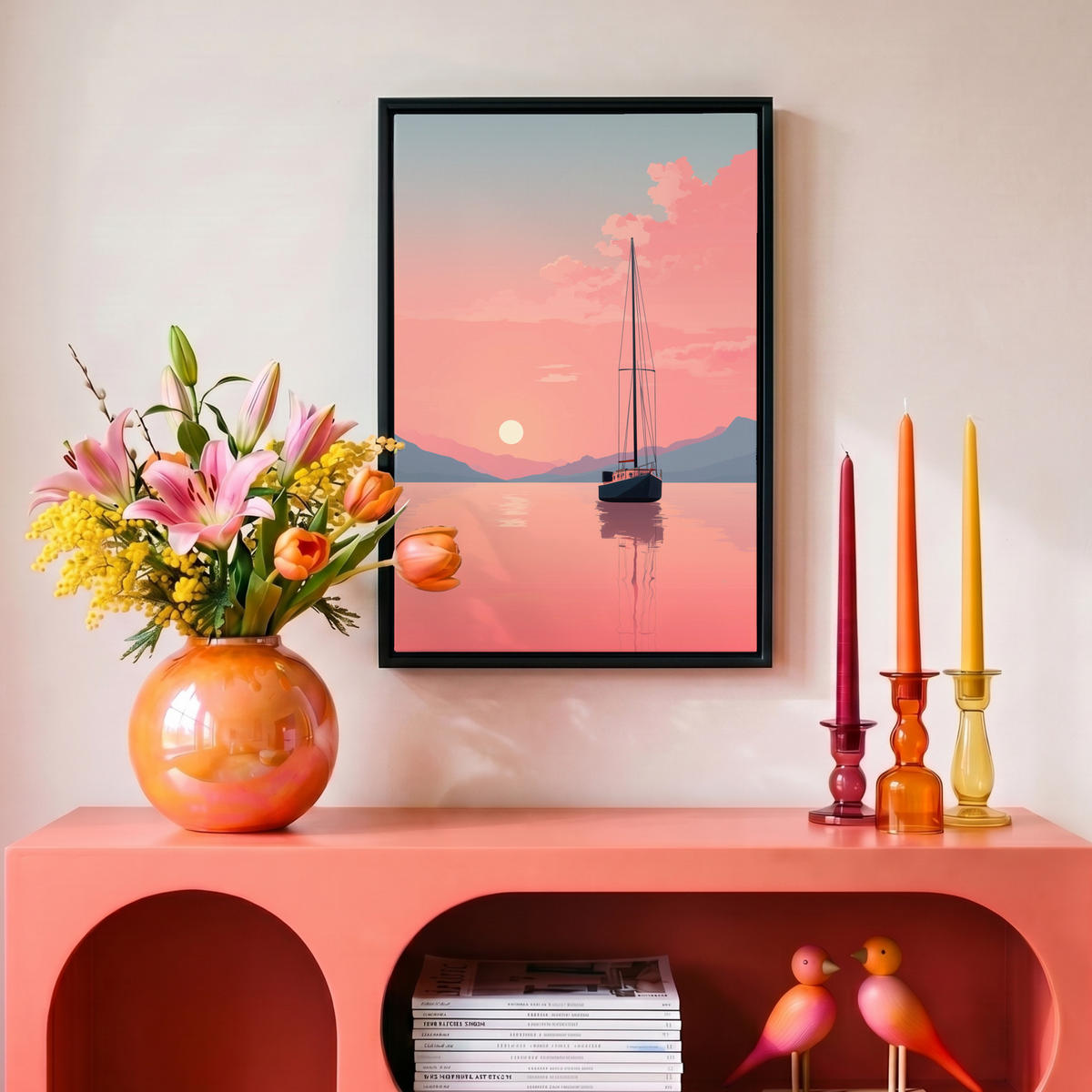 LEINWAND Bilder mit Rahmen - Segelboot - Rosa Meer - Sonnenuntergang - Berge - 20x30 - Rosa, Textil (20/30cm) - MuchoWow
