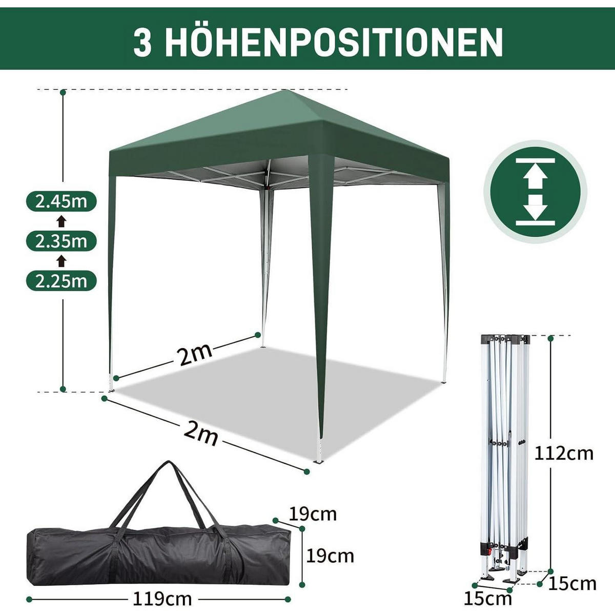 FALTPAVILLON 2 x 2 m Grün Wasserdicht UV Schutz 4 Seitenteile - Grün, Textil (200/245/200cm)