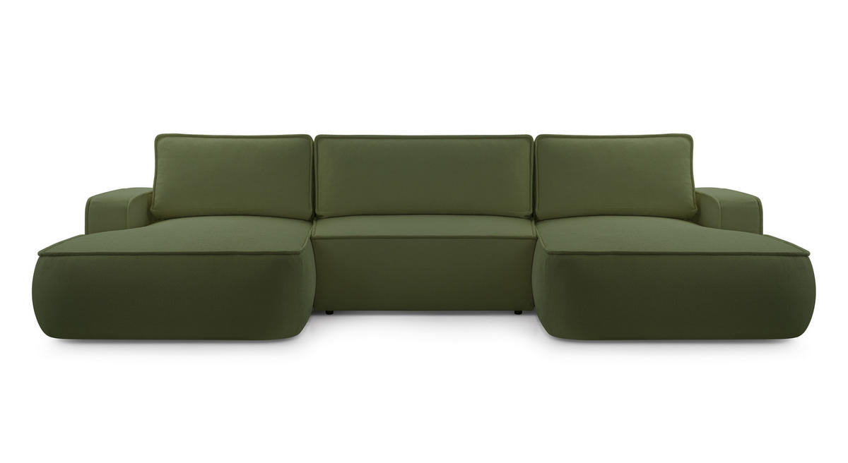 WOHNLANDSCHAFT SOLO Grün Boucle-Stoff mit Schlaffunktion - Grün, Holz (364/87/168cm) - MASSENO