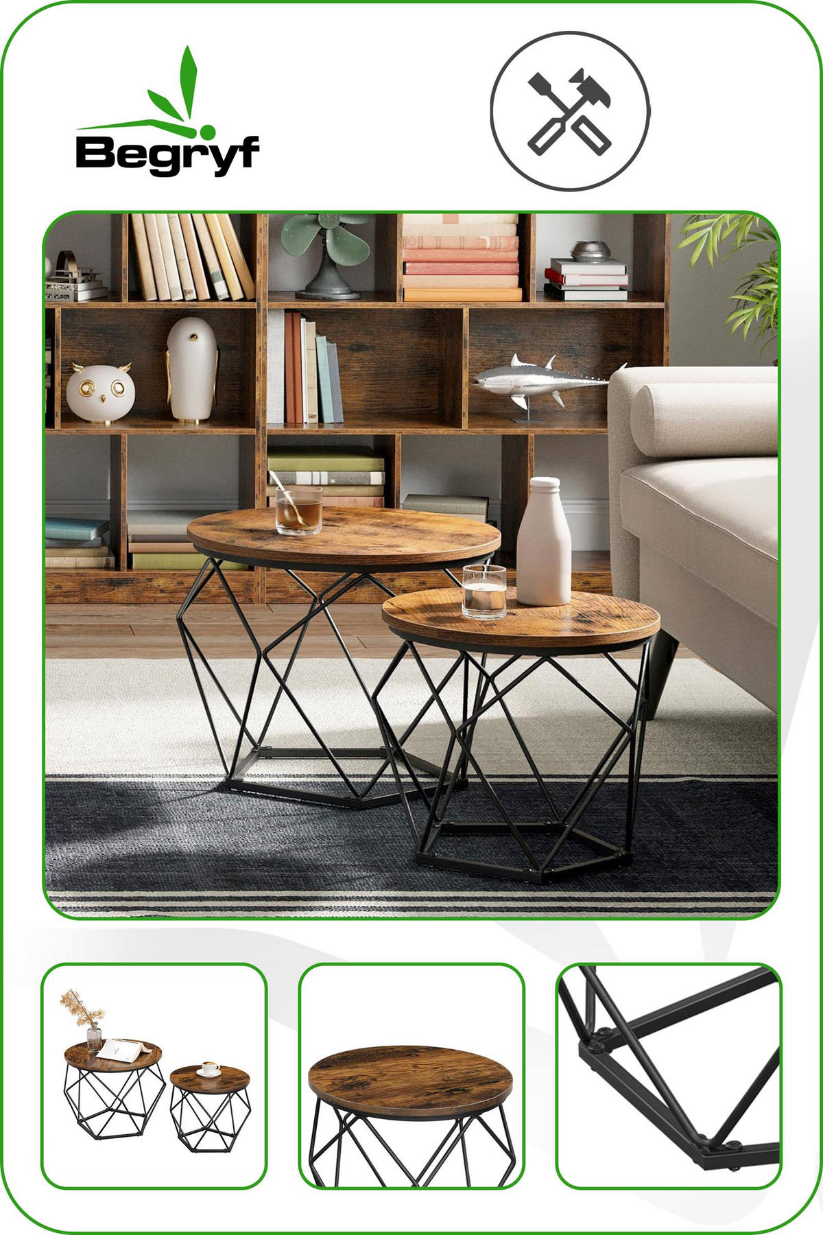 COUCHTISCHSET Metall Holzoptik Dunkelbraun Schwarz 50/40 x 40/36 cm (2 Stk.) - Dunkelbraun/Schwarz, Holzwerkstoff/Metall (50/50/40cm) - Begryf