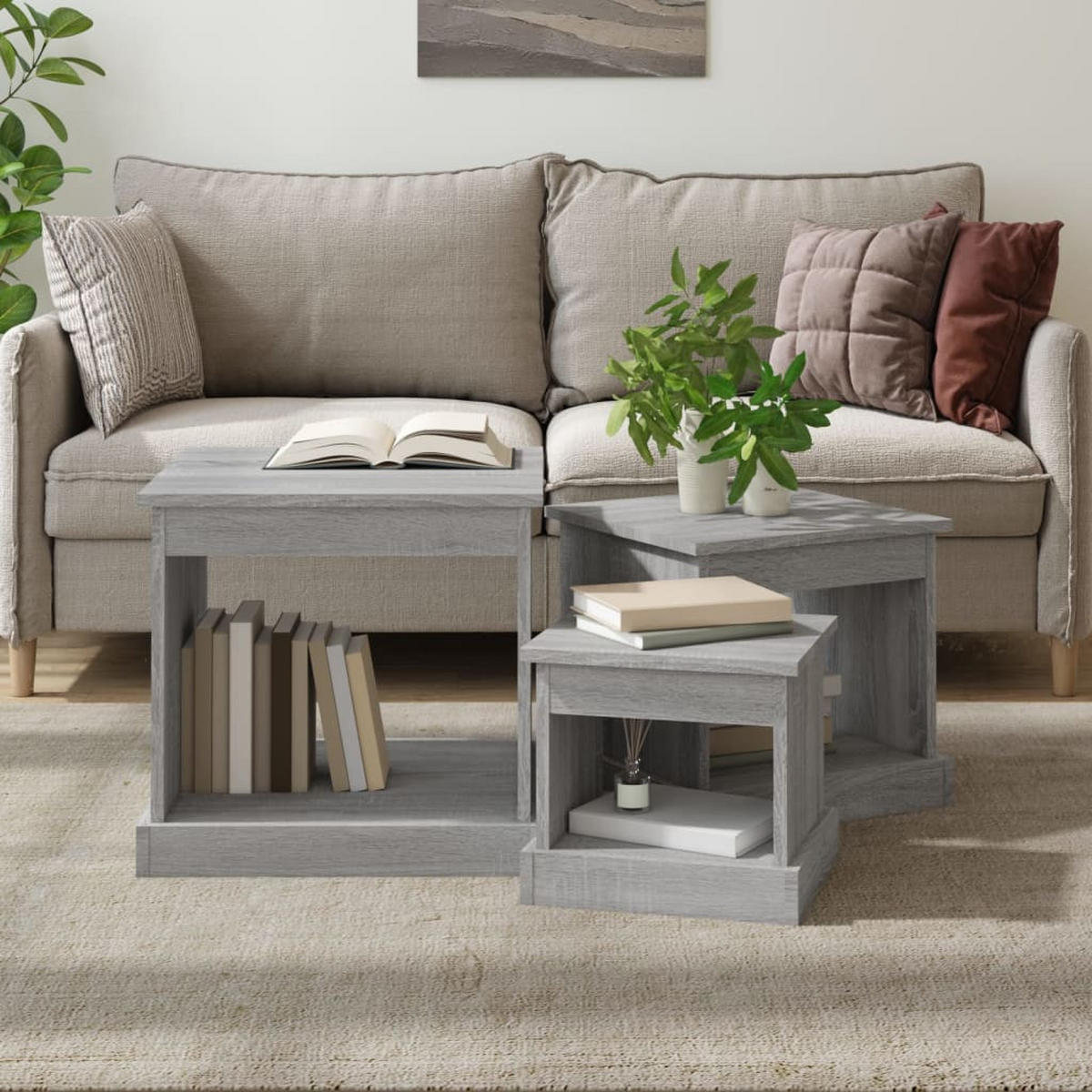 COUCHTISCHE 3 Stk. Grau Sonoma Holzwerkstoff - Grau, Holzwerkstoff (48/45/45cm) - furnicato
