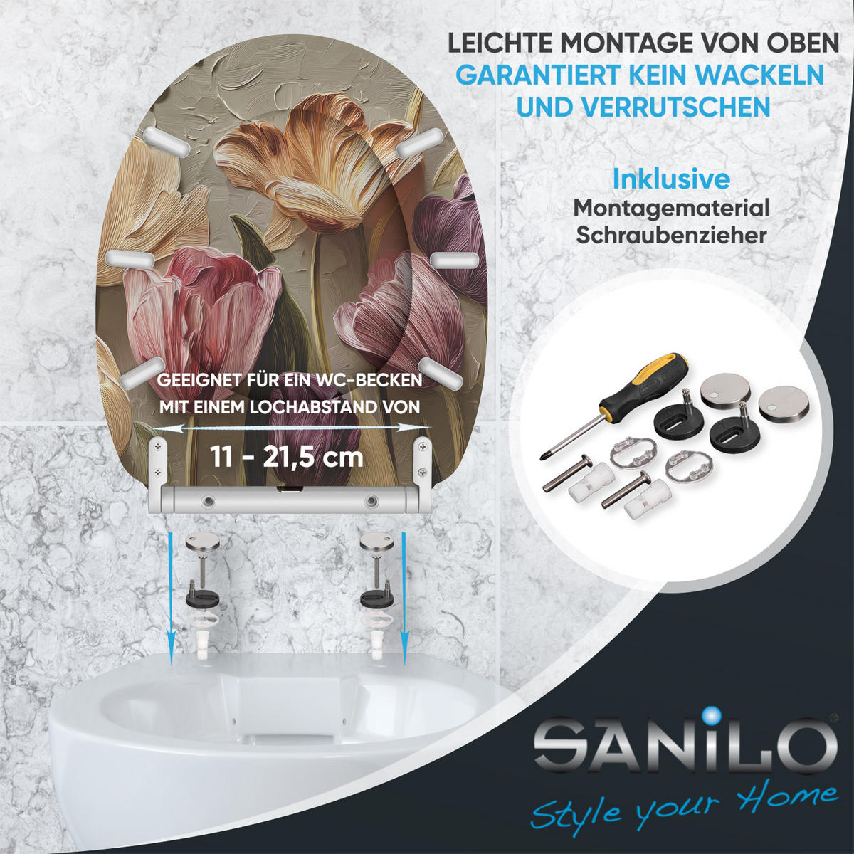 WC-SITZ mit Absenkautomatik & Top Fix Tulpen - Beige, Holzwerkstoff (37.7/5/48cm) - Sanilo