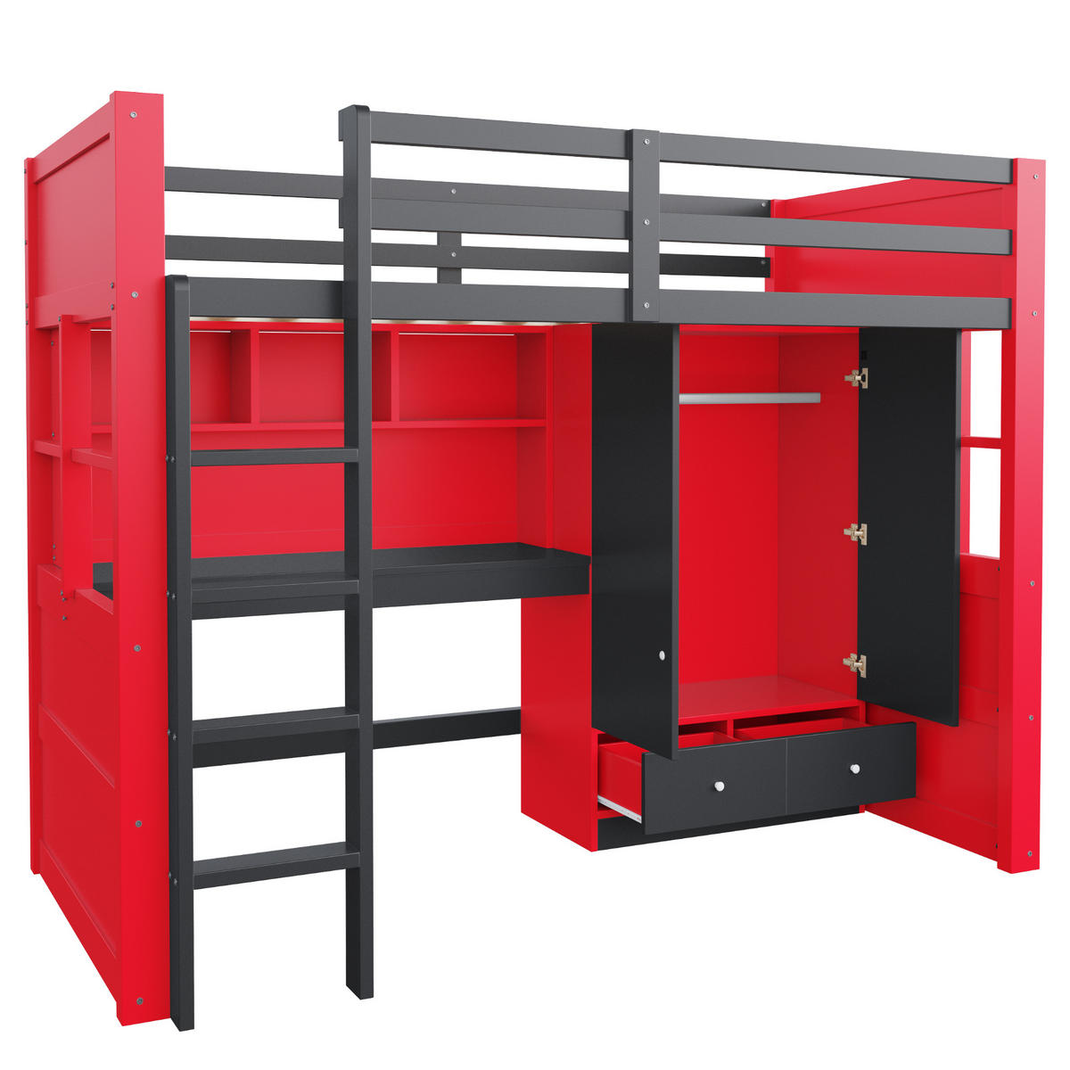HOCHBETT 90/200 cm in Schwarz & Rot mit LED, Steckdosen, Schrank und Schubladen - Rot, Holz/Holzwerkstoff (90/200cm) - WISHDOR