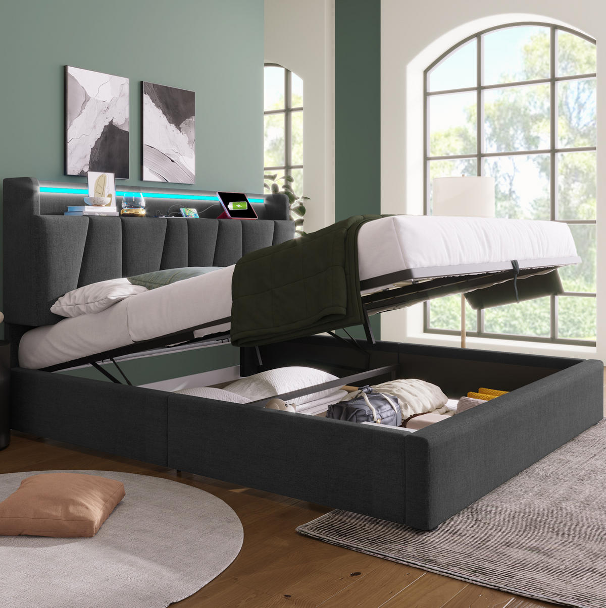 POLSTERBETT 140/200 cm mit Matratze, LED-Beleuchtung, USB, Type-C, Steckdosen und Bettkasten, Grau - Grau, Textil (140/140cm) - Redom