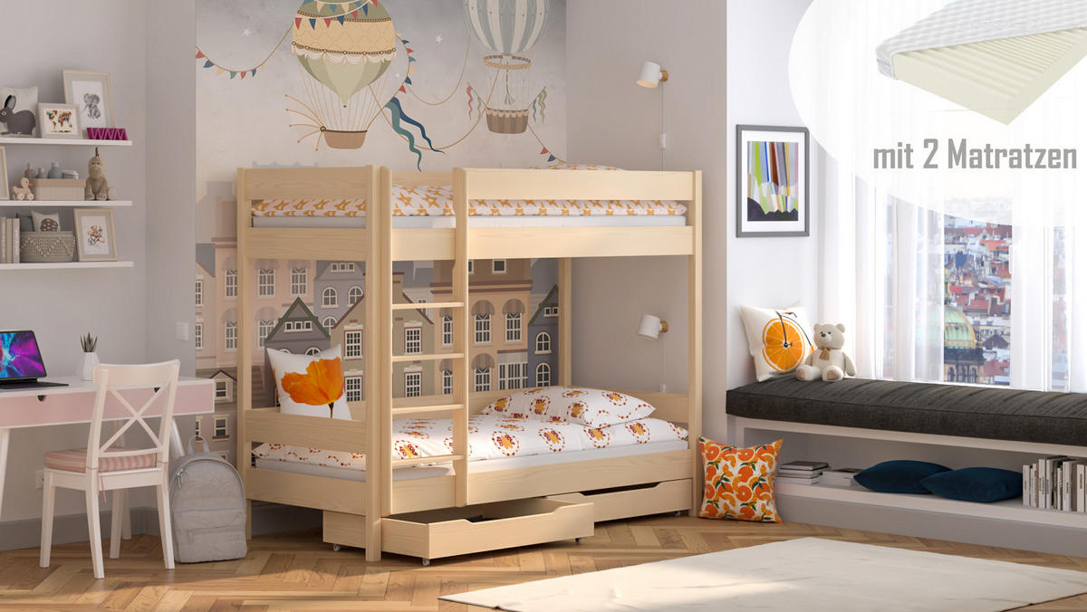 ETAGENBETT Diego 180x80 naturweiß mit Schubladen und Matratzen - Naturfarben, Holzwerkstoff (80/180cm)