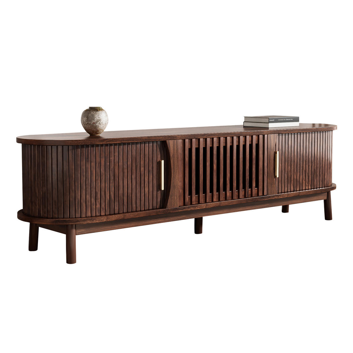 LOWBOARD Walnuss Mit Schiebetüren Und Rollfront - Walnussfarben, Holzwerkstoff (165/46/39.5cm) - Urban Meuble