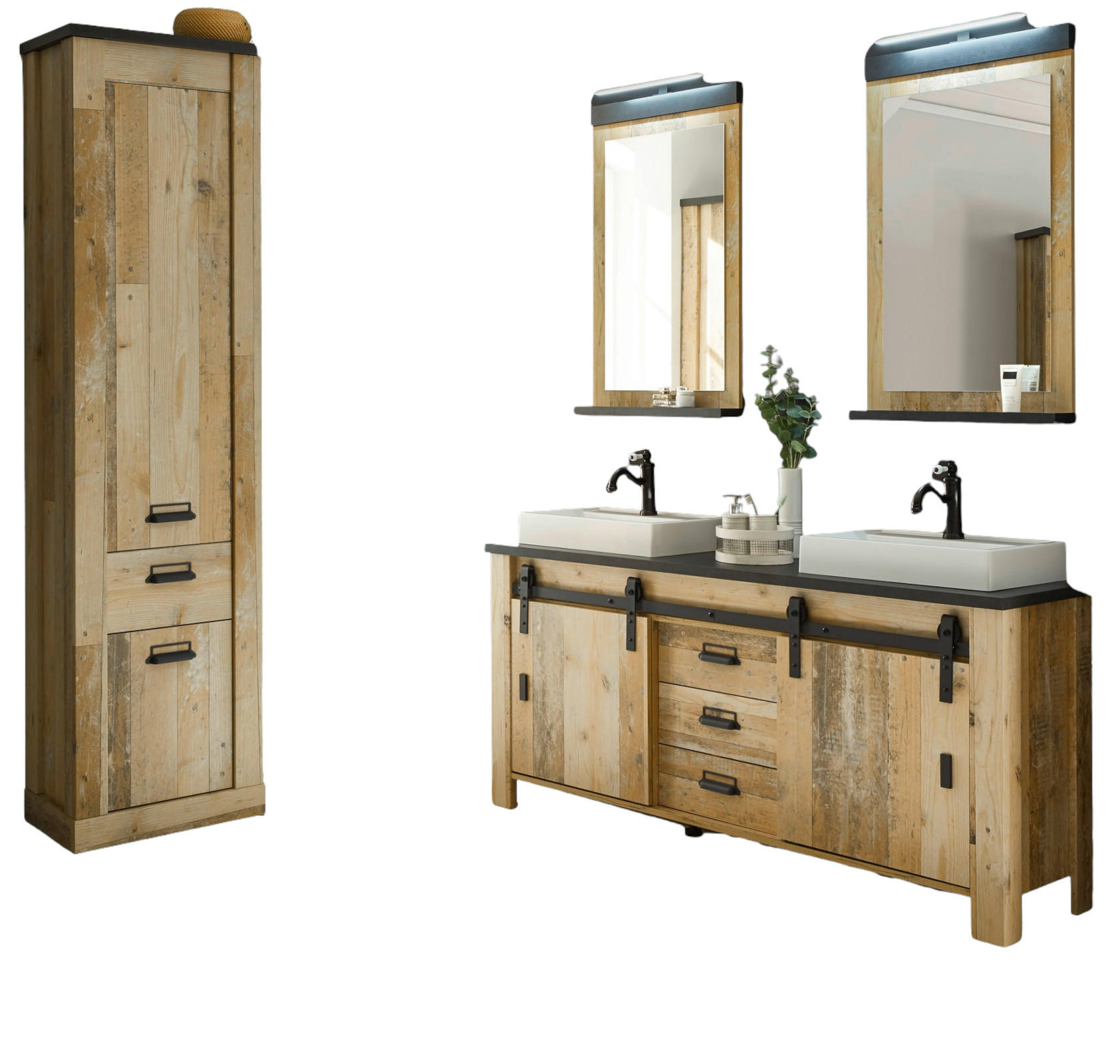 BADMÖBEL-SET Used Wood hell, anthrazit, Doppelwaschtisch mit Waschbecken LED Spiegellampe Stove - Eichefarben/Anthrazit, Holzwerkstoff/Metall (235/210/43cm) - Furn.Design