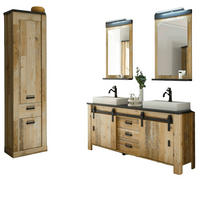 BADMÖBEL-SET Used Wood hell, anthrazit, Doppelwaschtisch mit Waschbecken LED Spiegellampe Stove - Eichefarben/Anthrazit, Holzwerkstoff/Metall (235/210/43cm) - Furn.Design