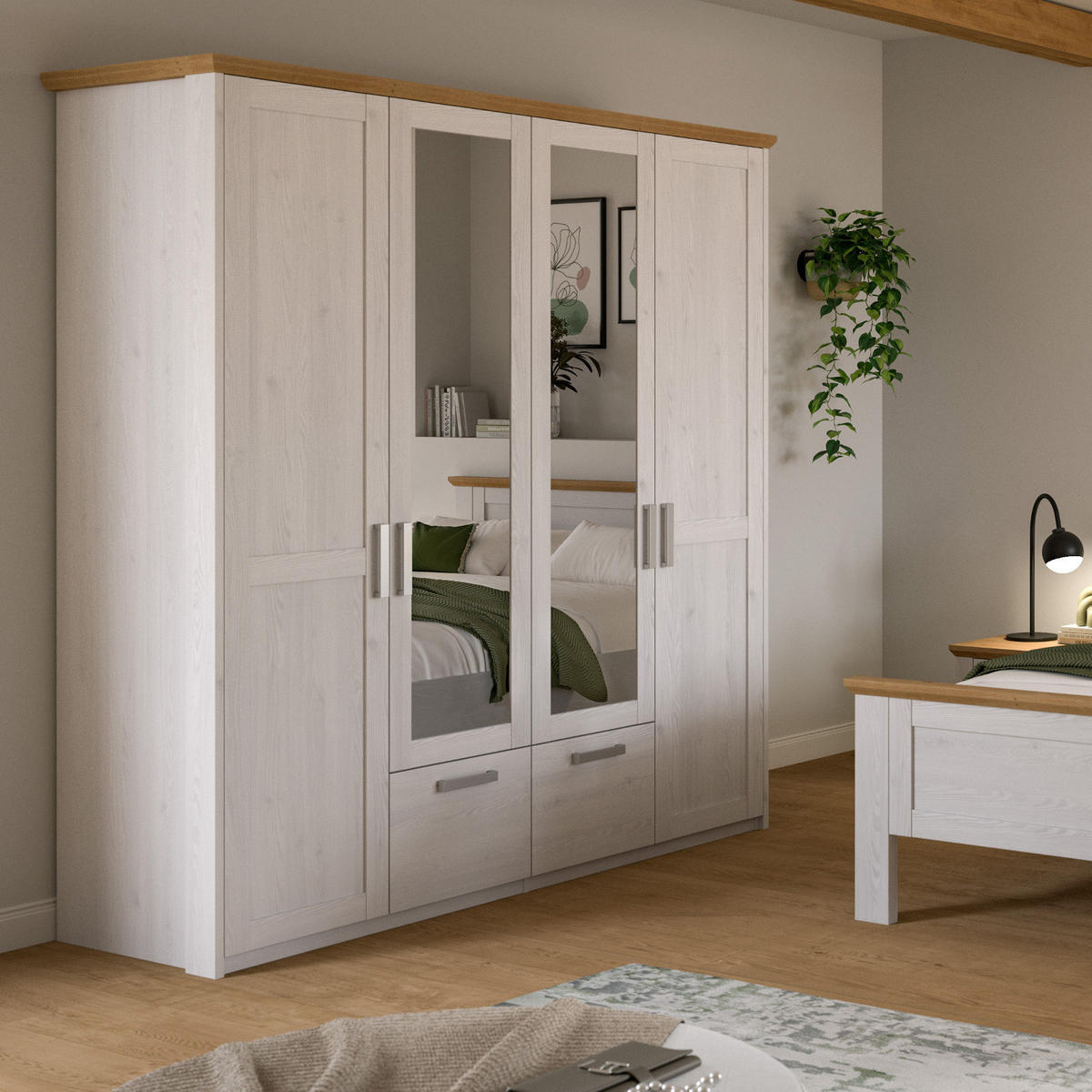 KLEIDERSCHRANK weiß Lärche, Eiche Artisan Landhaus, Drehtürenschrank 4-türig mit Spiegel - Eichefarben/Silberfarben, Glas/Holzwerkstoff (188/200/61cm) - Inn.Furn