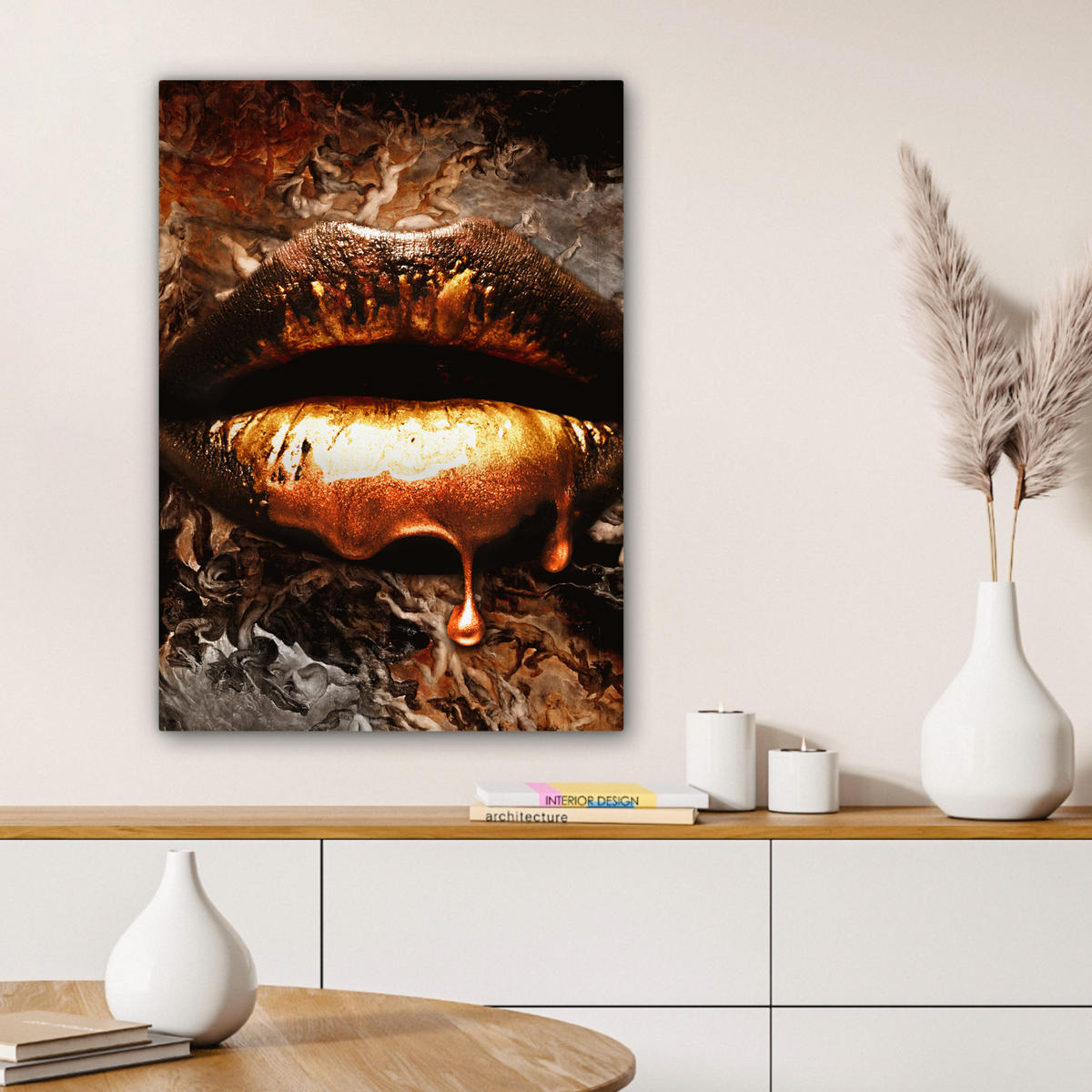 LEINWANDBILD Gold - Lippen - Kunst - Gold - Luxus - Abstrakt 60x80 cm - Kupferfarben, Textil (60/80cm) - MuchoWow