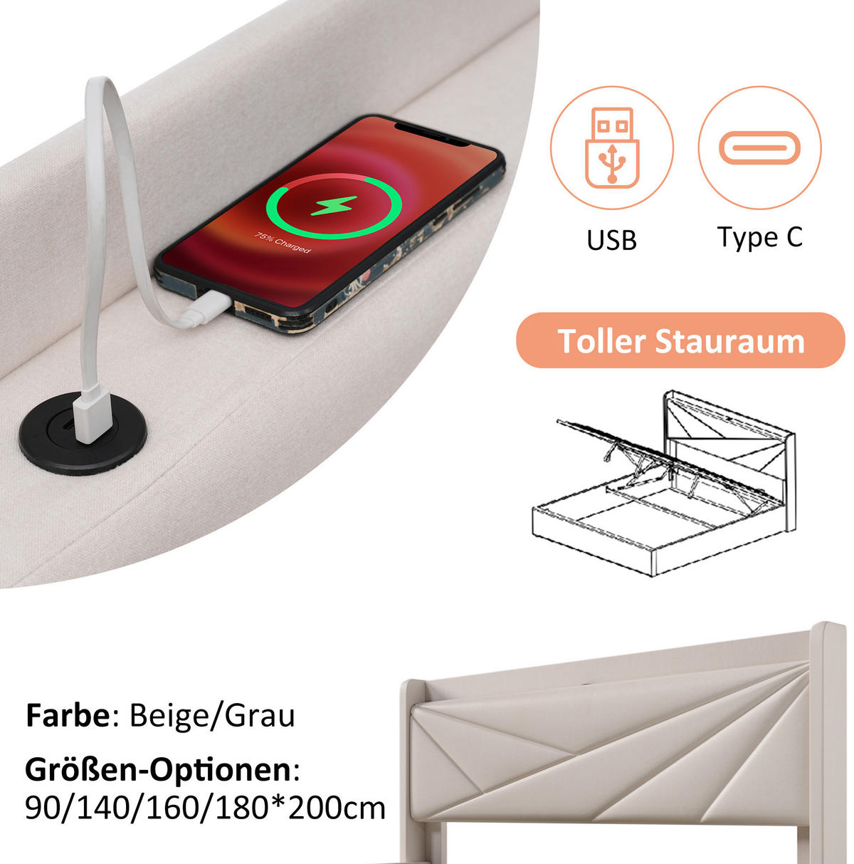POLSTERBETT 90/200 cm aus Baumwoll-Leinen-Mix mit USB-C-Ladefunktion und Bettkasten Beige - Beige, Textil (90/200cm) - Modenvie