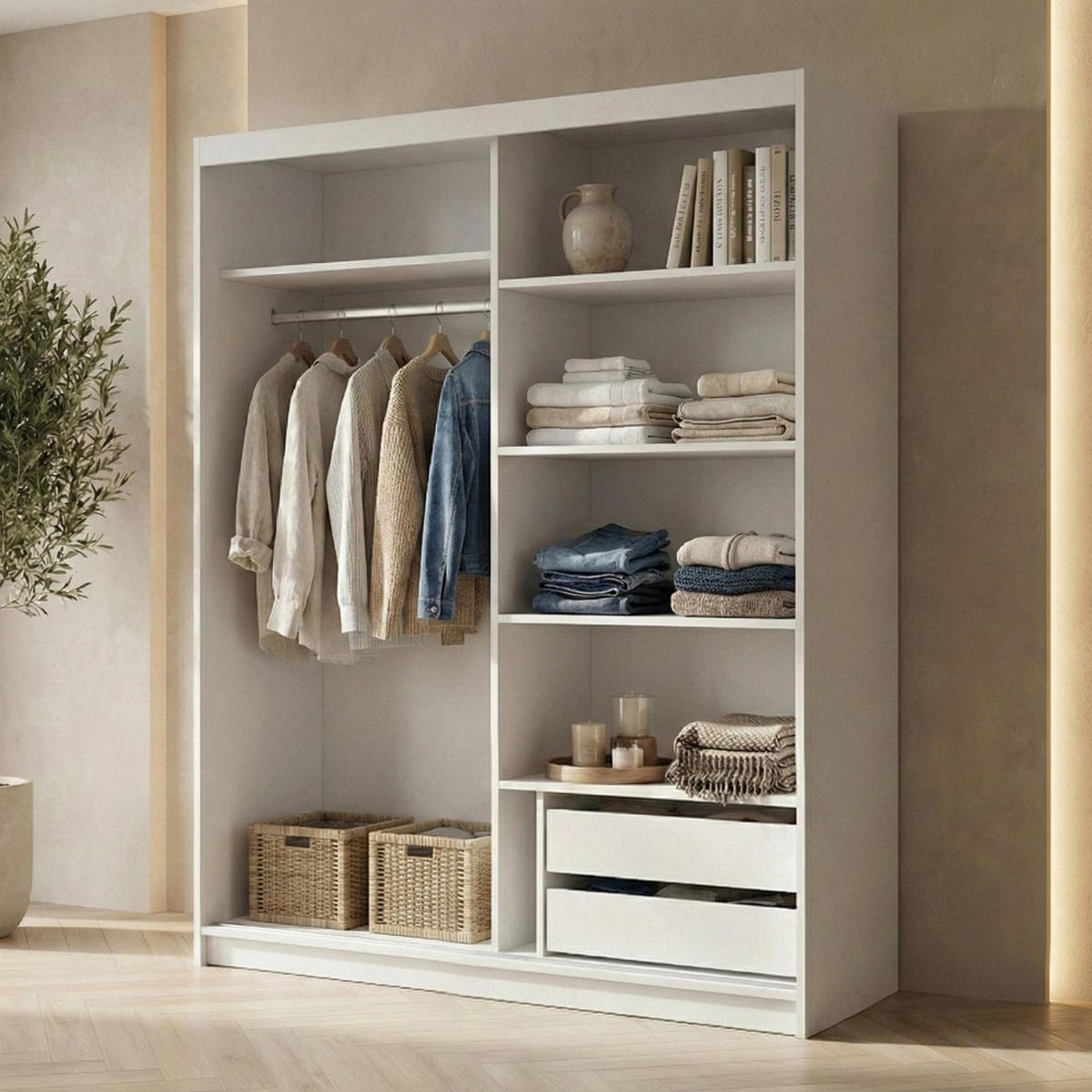 SCHWEBETÜRENSCHRANK Hela 160/205/60 2-türig weiß mit Schubladen - Weiß, Holzwerkstoff (160/205/60cm) - Beautysofa