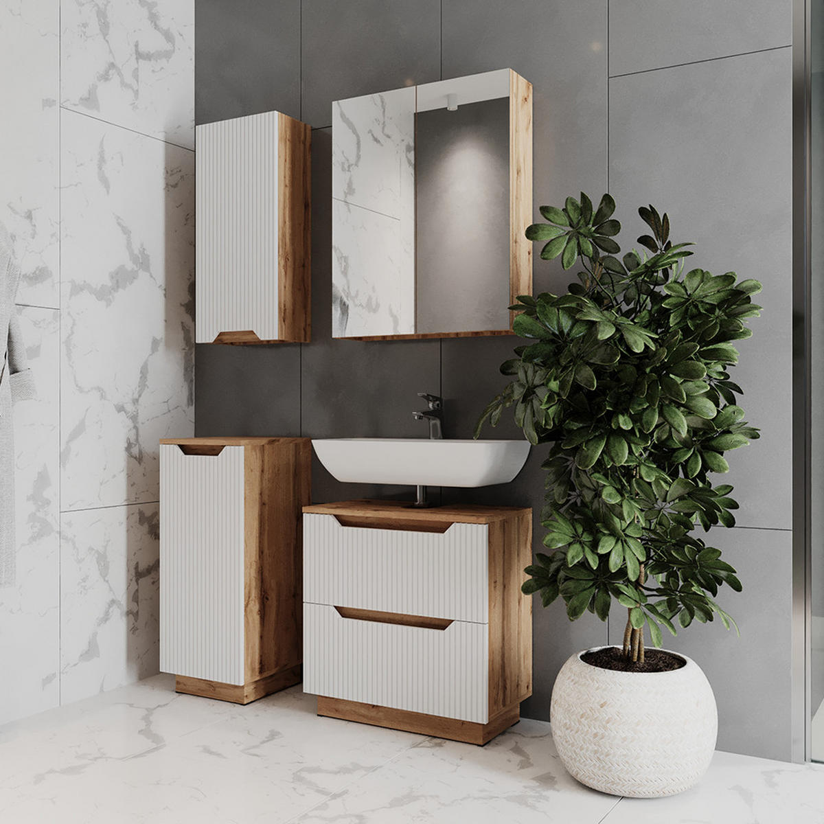 BADMÖBEL-SET Lotta Eiche/weiß gestreift 4 Teile - Eichefarben/Weiß, Holzwerkstoff (79.6/62.5/32cm) - Vicco